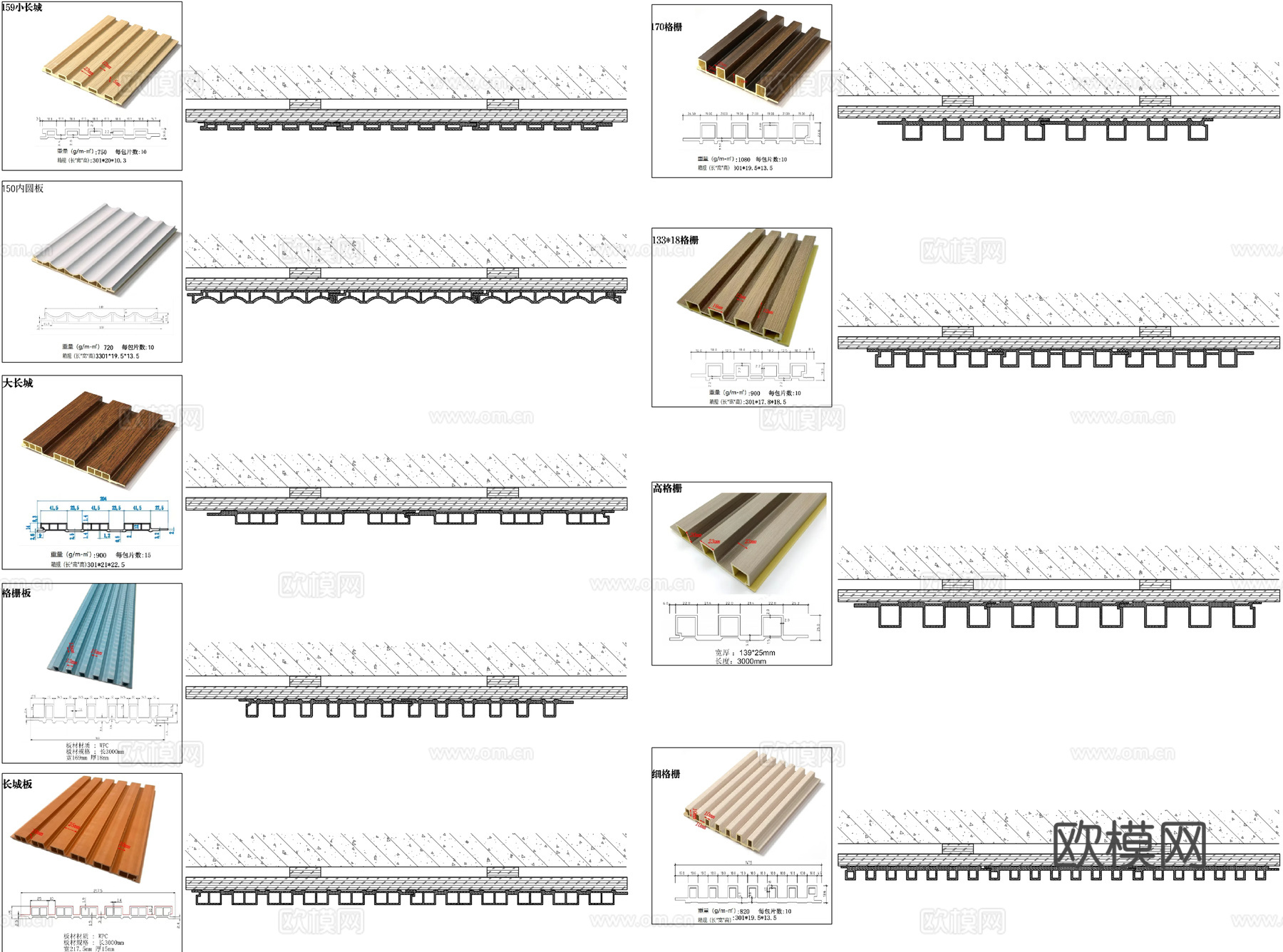 竹木格栅长城板、塑木长城板格栅、内圆格栅板、竹木纤维长城板cad施工图