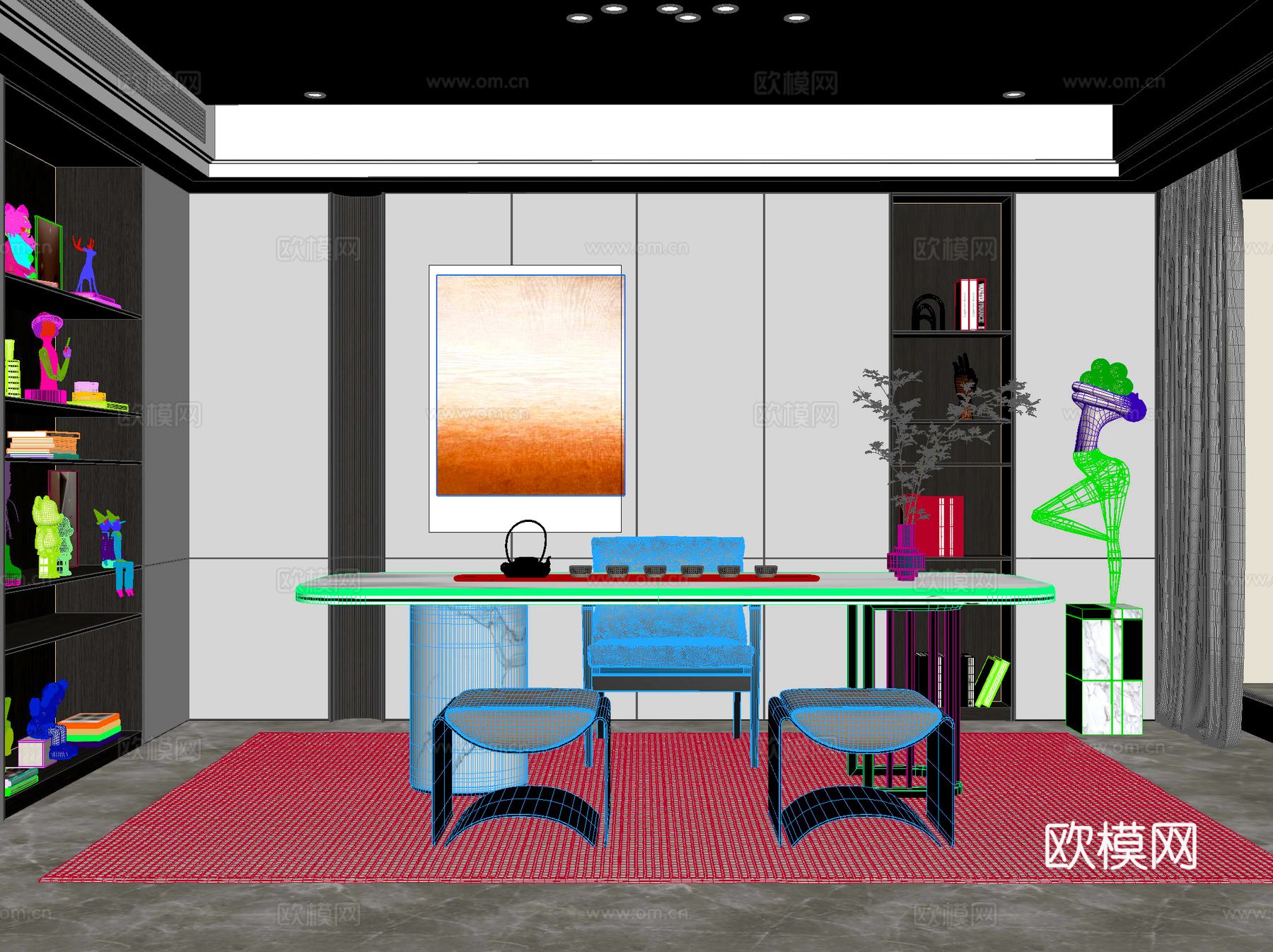 桌椅 茶桌椅 洽谈桌椅 博古架 吊灯3d模型下载（渲染图2）