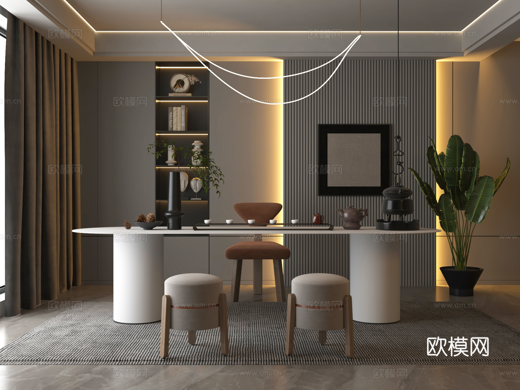 桌椅 茶桌椅 洽谈桌椅 博古架 吊灯3d模型下载（渲染图1）