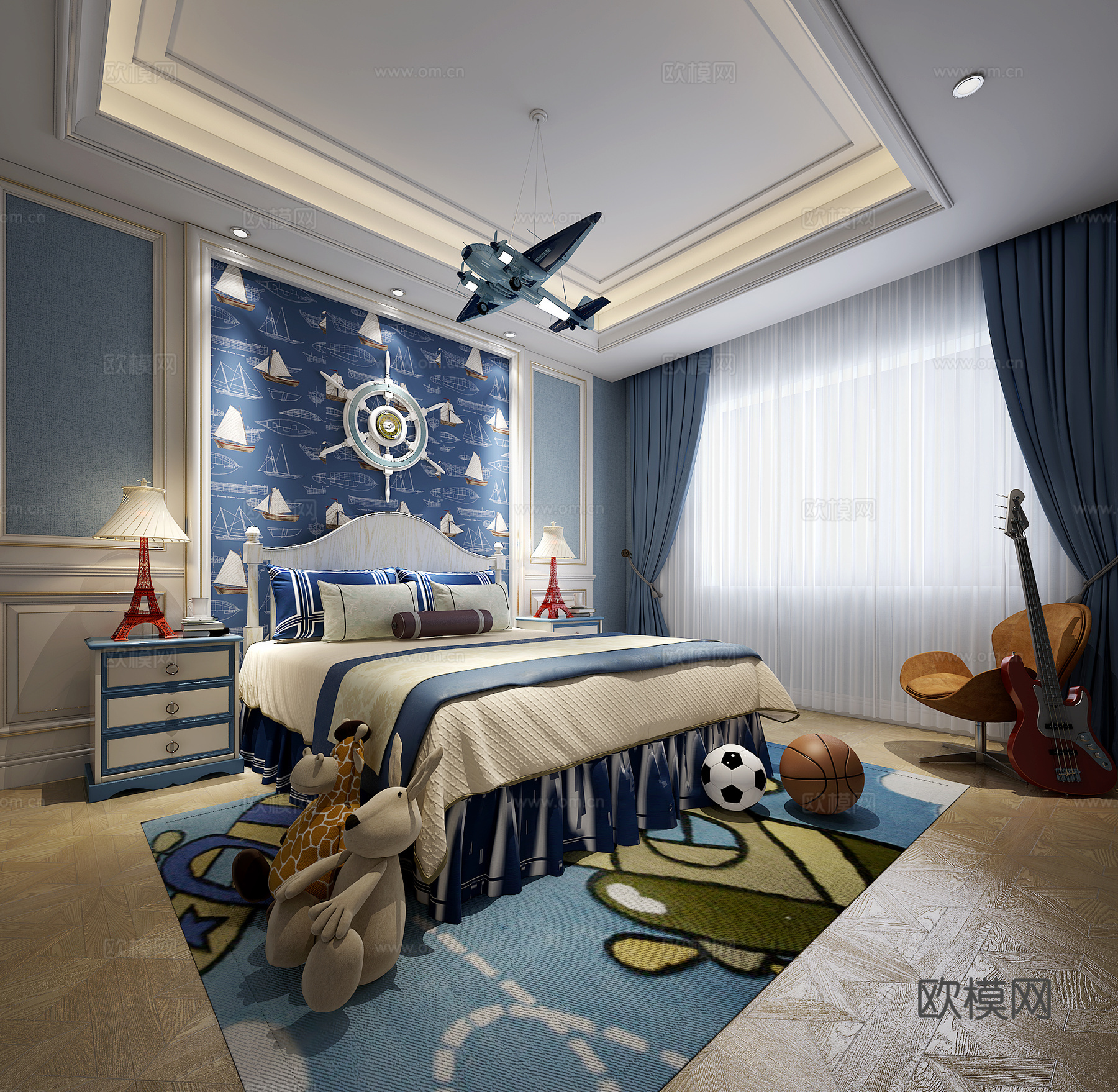 欧式古典男孩房床 飞机吊灯 吉他 休闲椅 地毯 窗帘3d模型下载