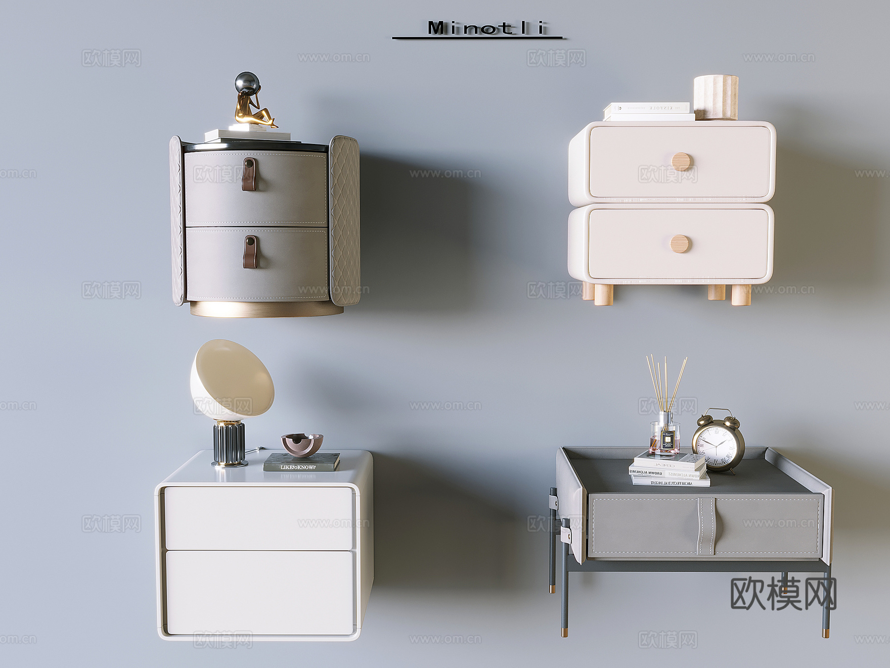 意式奶油床头柜 实木抽屉床头柜 闹钟香薰书籍摆件su模型