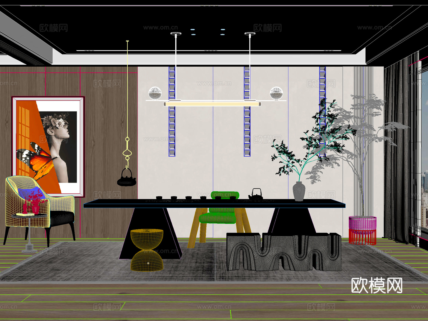 新中式桌椅 茶桌椅 洽谈桌椅 吊灯3d模型下载（渲染图2）