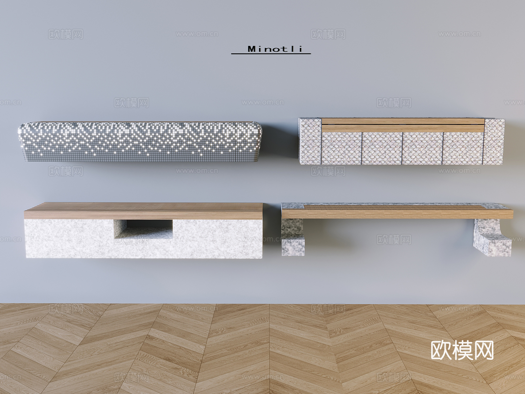 户外椅实木长条凳 公园休闲椅景观椅su模型