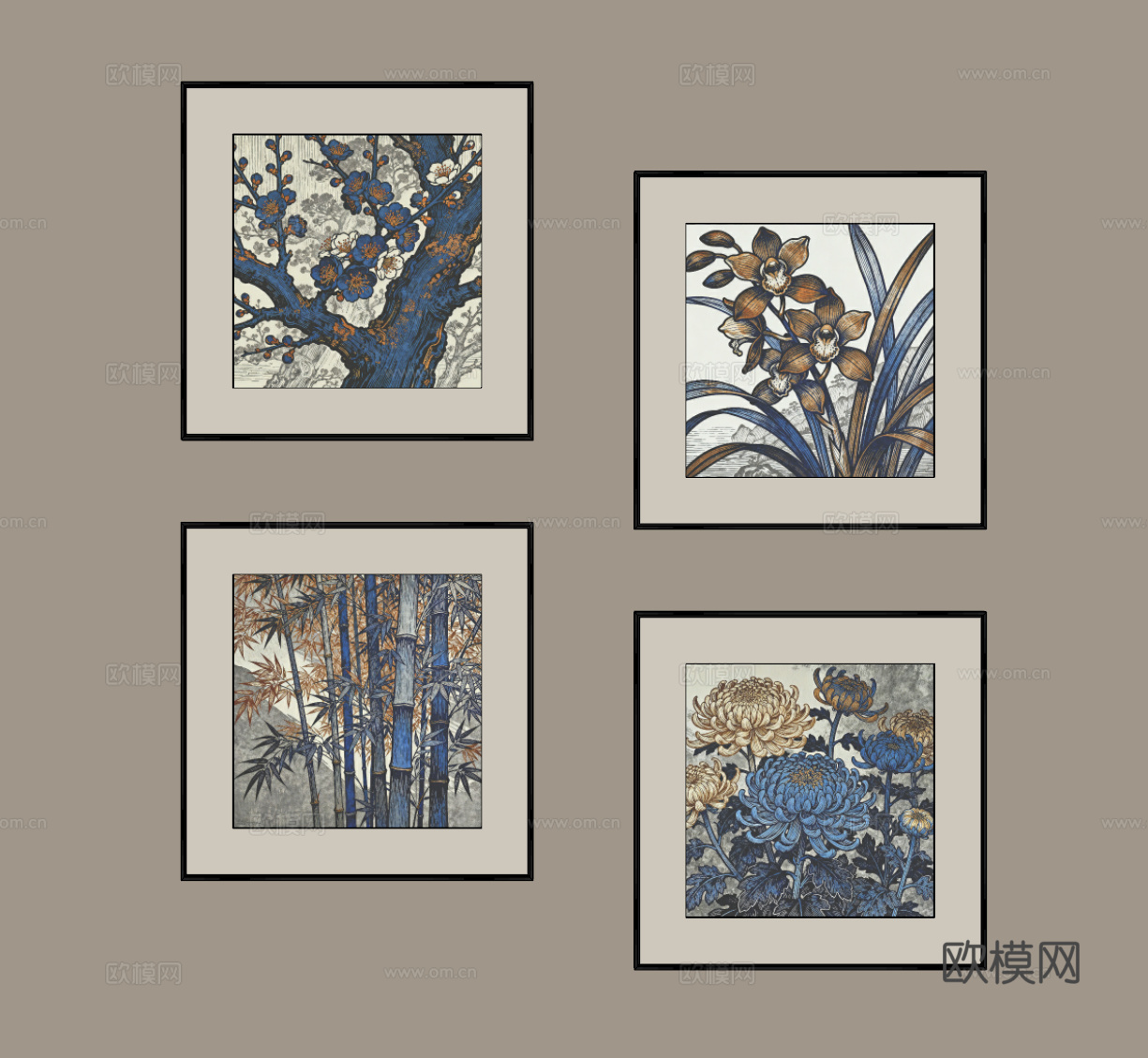 新中式植物挂画su模型