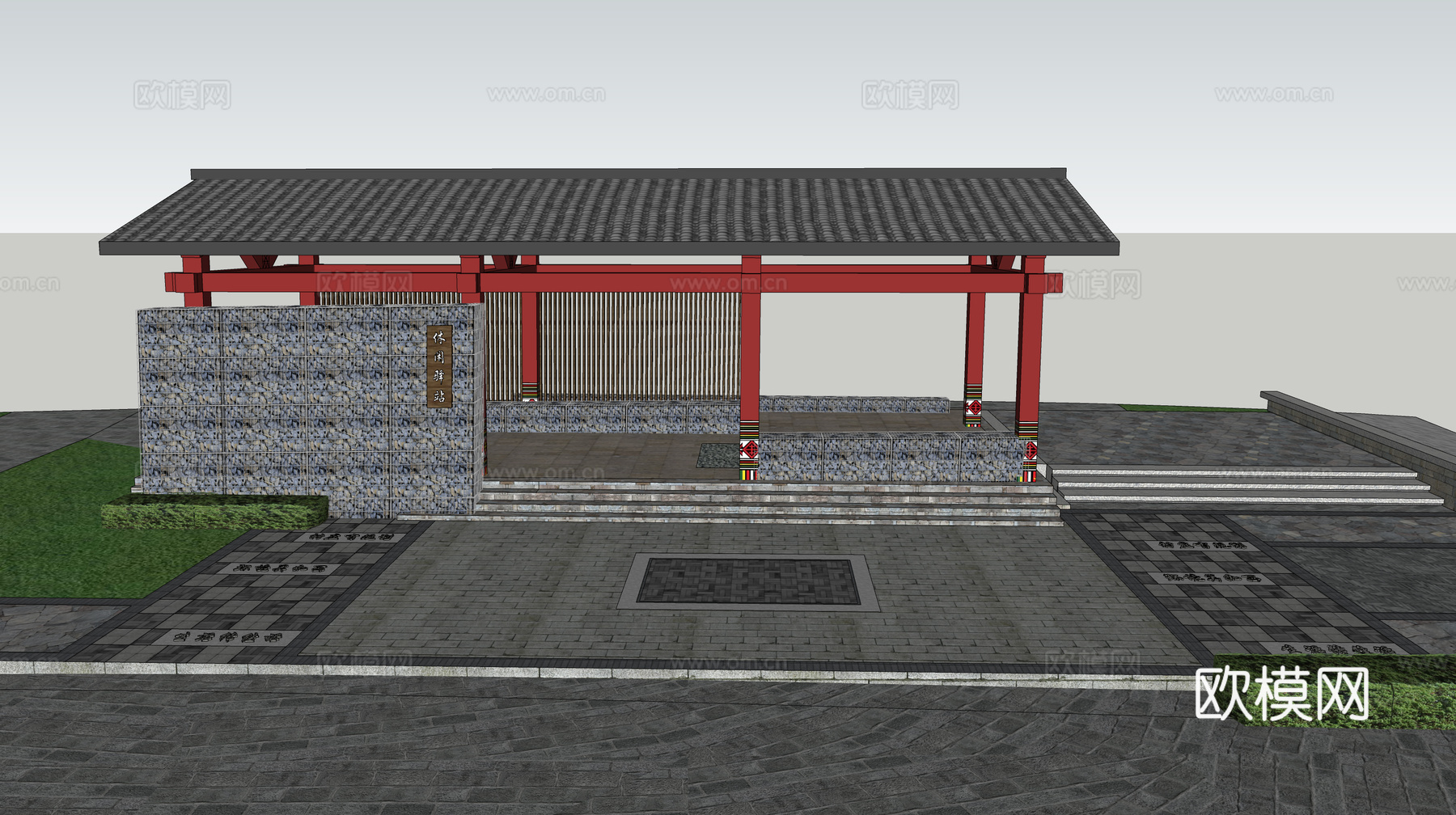 休闲小广场小空间新中式廊架su模型