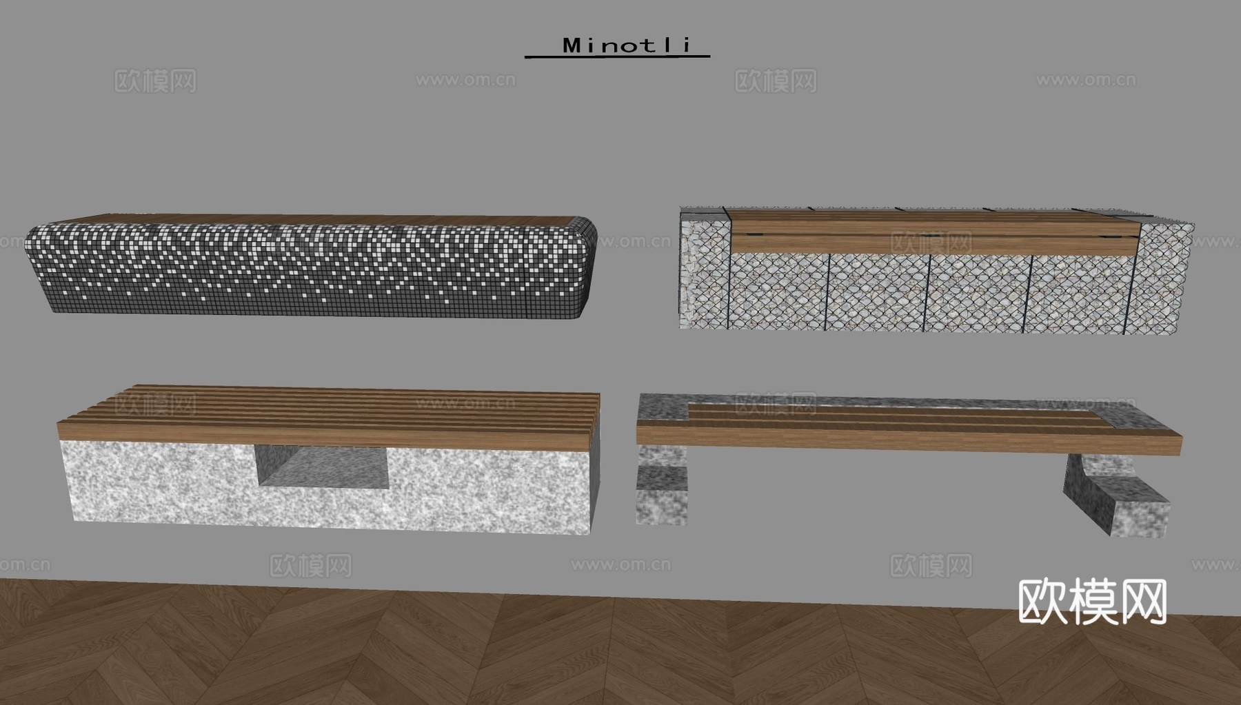 户外椅实木长条凳 公园休闲椅景观椅su模型