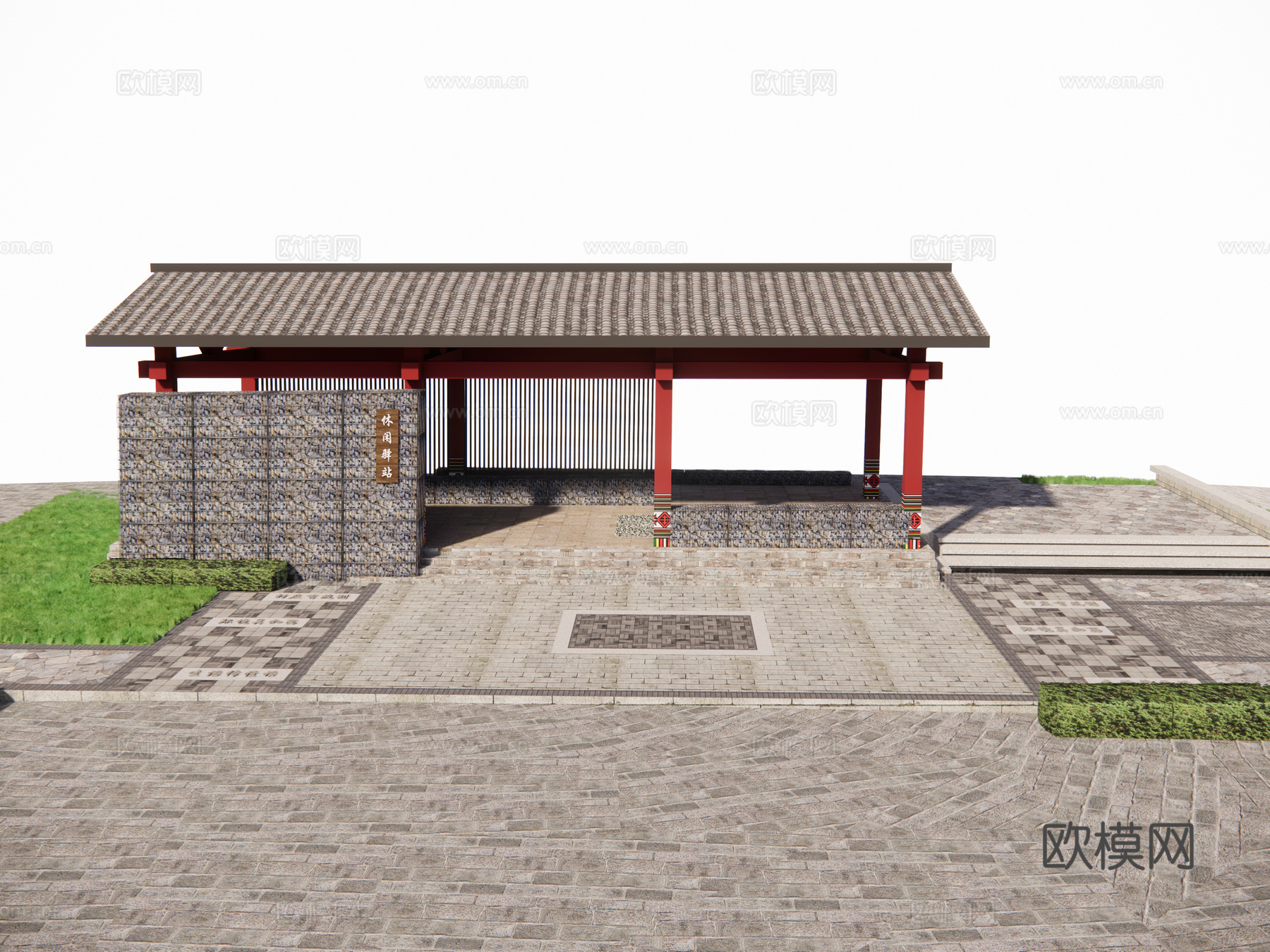 休闲小广场小空间新中式廊架su模型