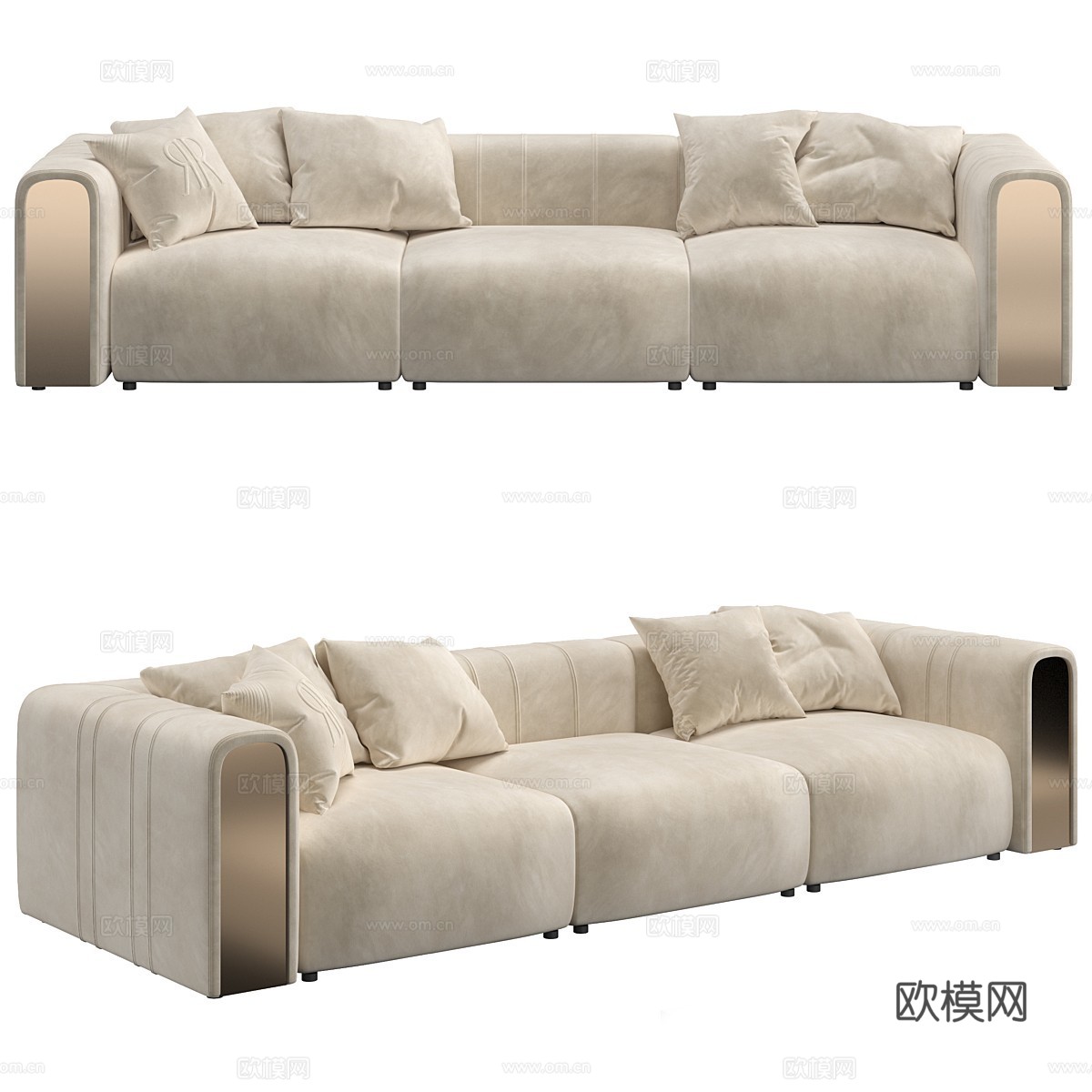 现代轻奢三人布艺直排休闲沙发3d模型下载（渲染图1）