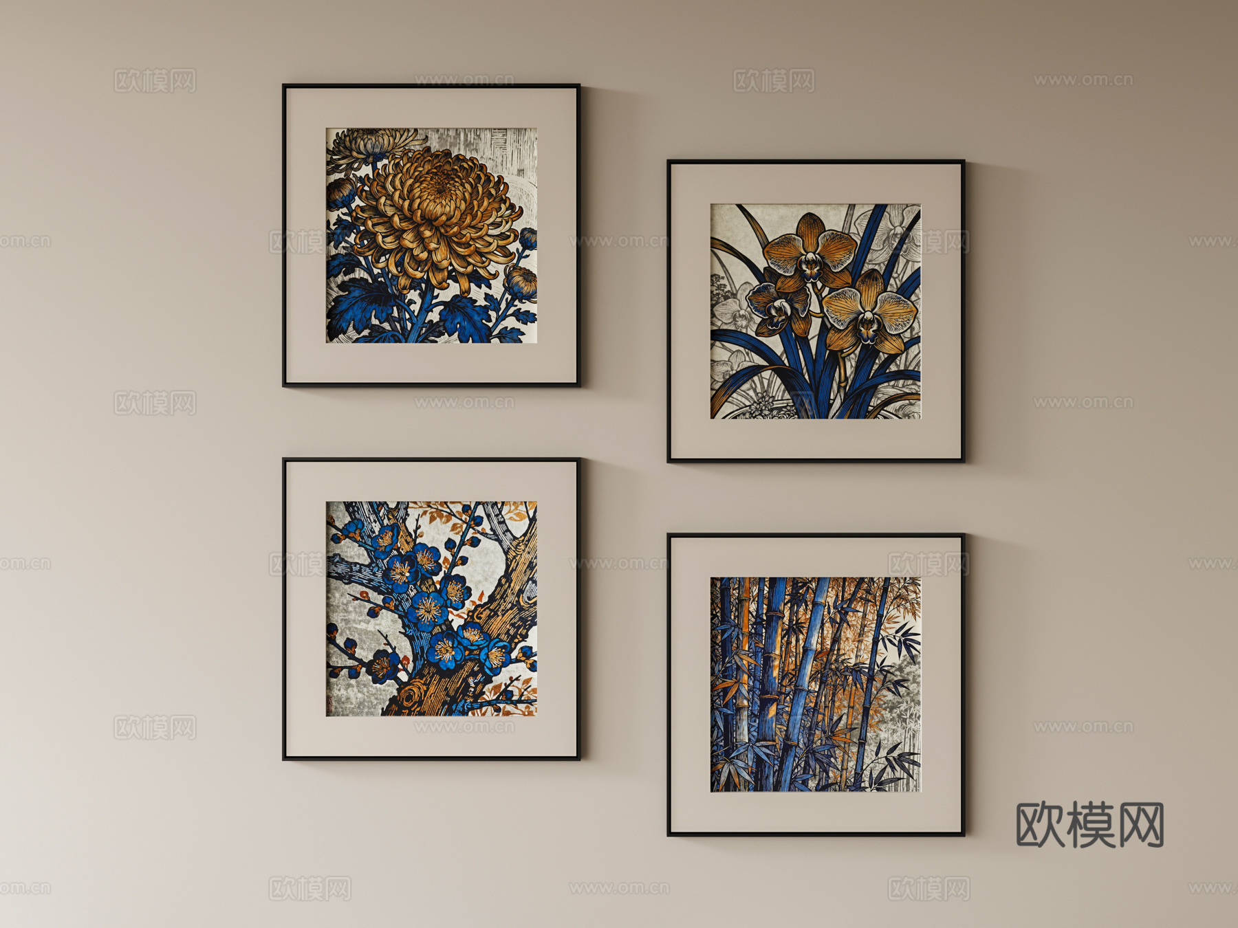 新中式植物挂画su模型