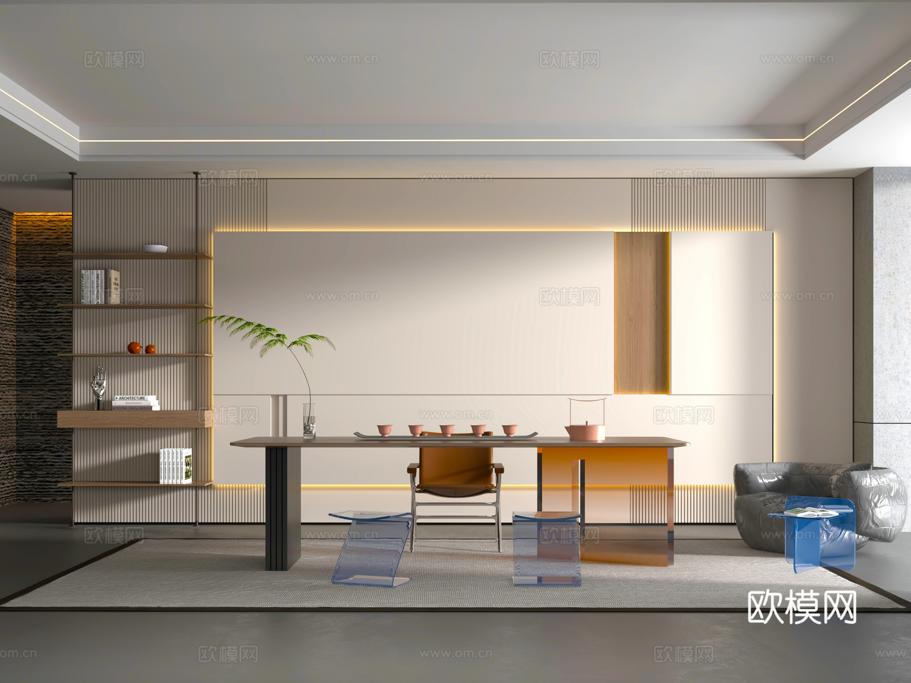 桌椅 茶桌椅 洽谈桌椅 博古架 吊灯3d模型下载（渲染图1）