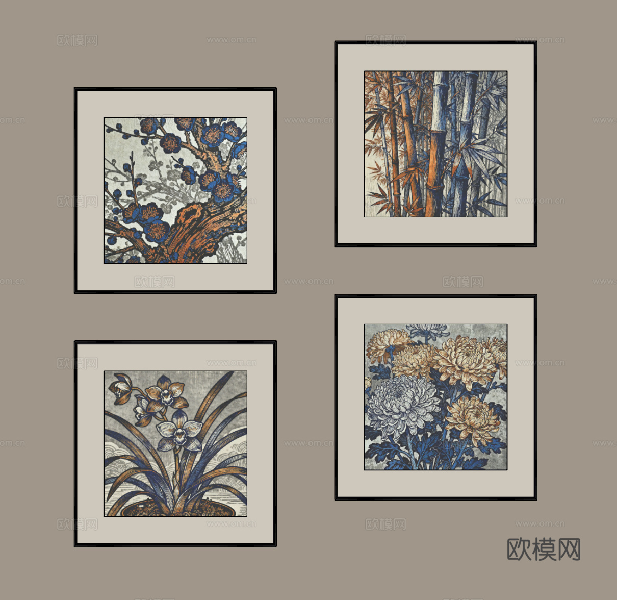 新中式植物挂画su模型