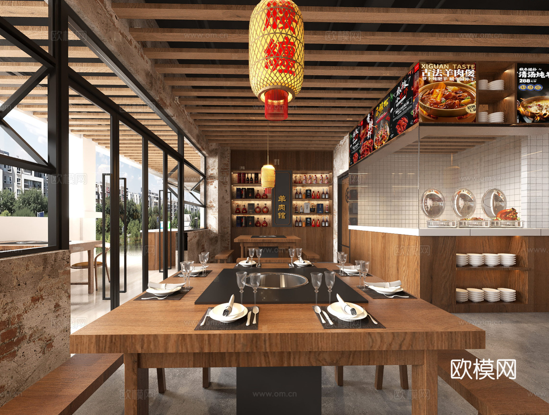 餐厅明厨羊肉馆 工业风火锅店桌椅 餐饮灯笼羊肉灯箱 餐馆酒柜su模型
