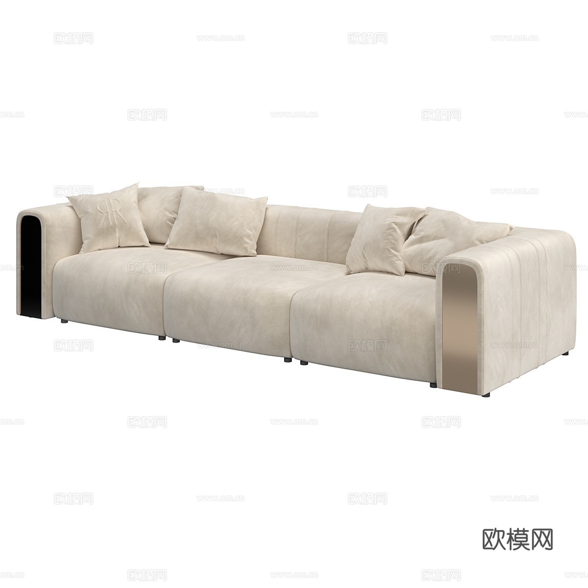 现代轻奢三人布艺直排休闲沙发3d模型下载（渲染图2）