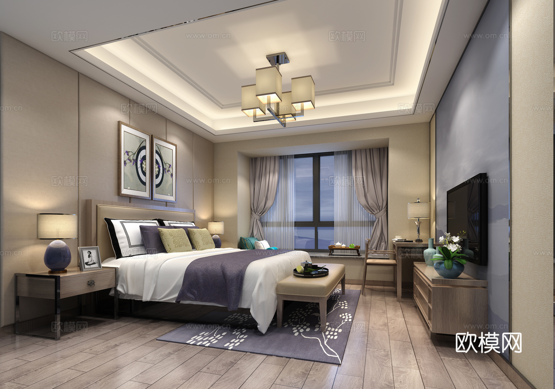 新中式主人房 卧室3d模型下载