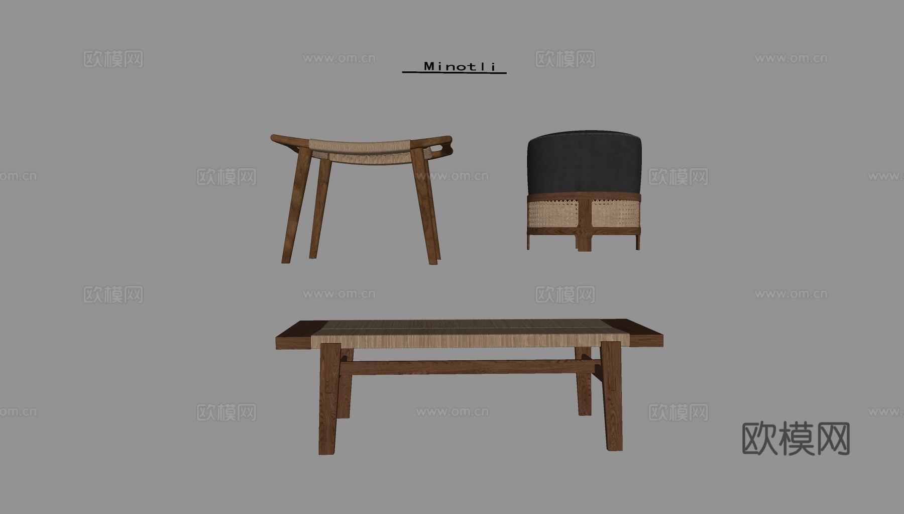 侘寂藤编实木凳 换鞋凳方凳圆凳su模型