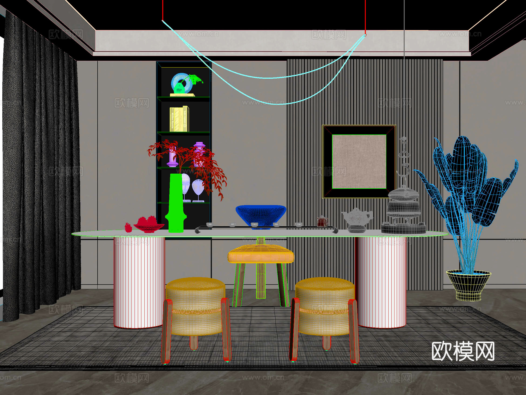 桌椅 茶桌椅 洽谈桌椅 博古架 吊灯3d模型下载（渲染图2）