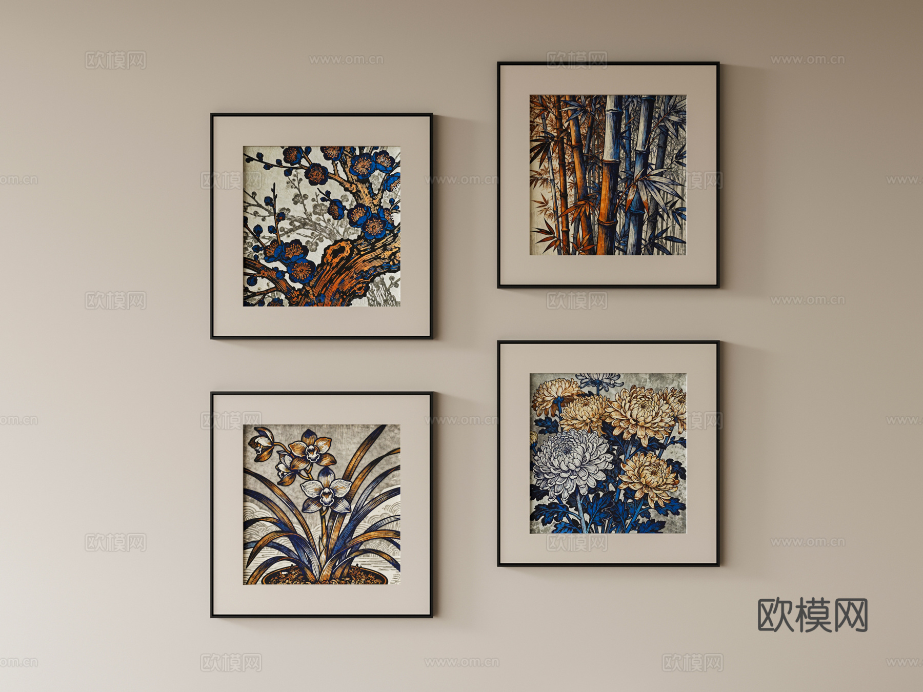 新中式植物挂画su模型