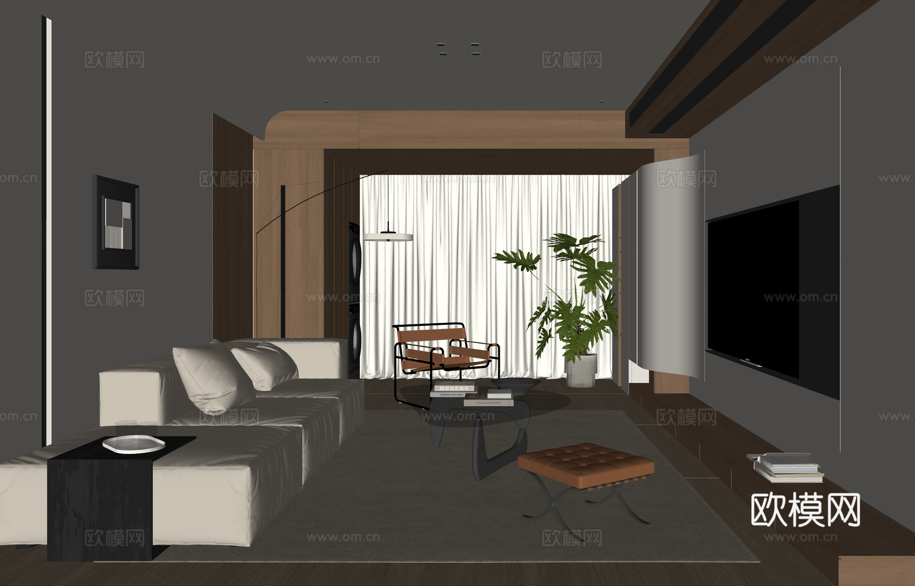 现代原木风客厅su模型