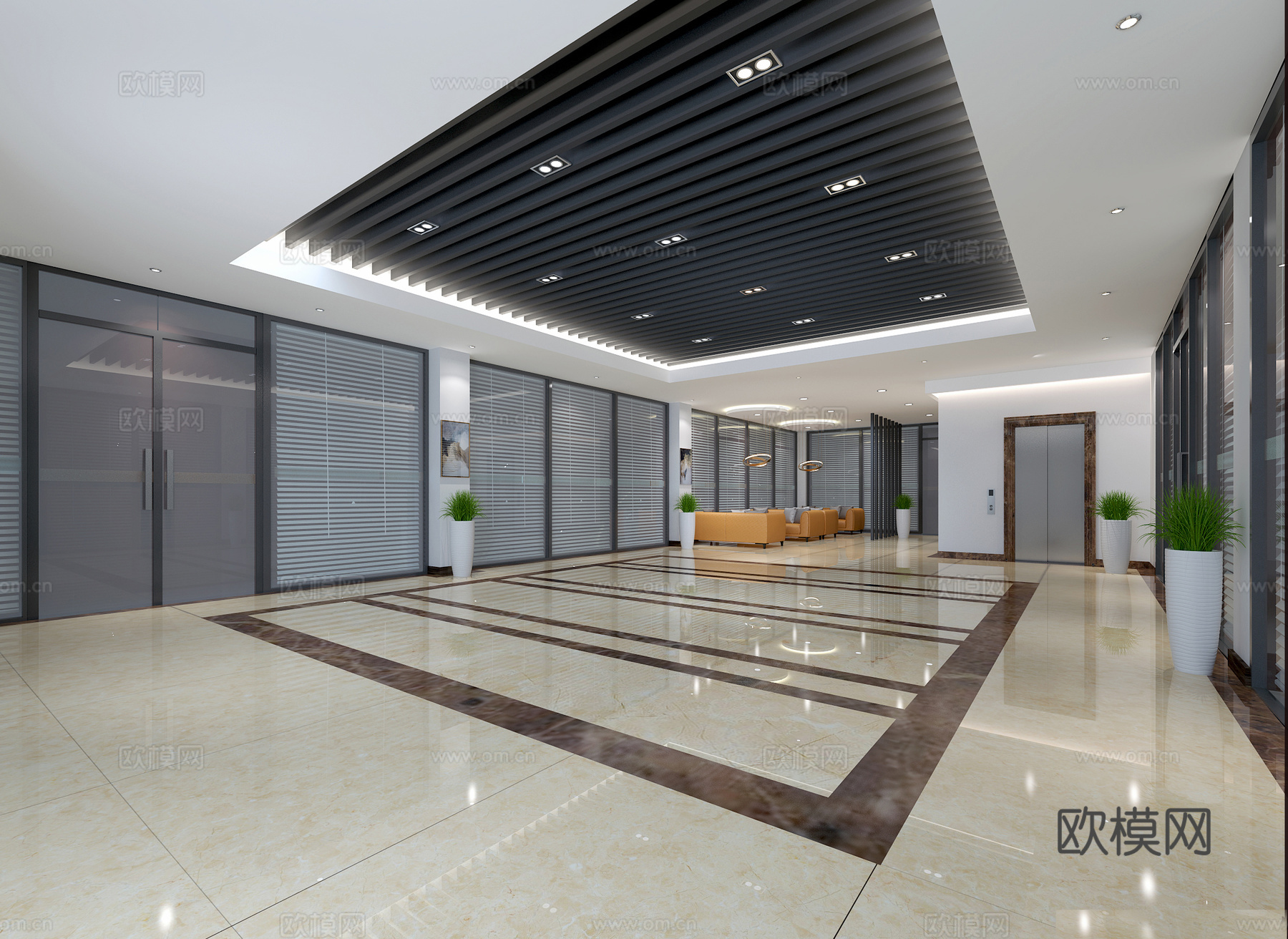 现代写字楼过道走廊 公司过道 铝方通吊顶3d模型下载