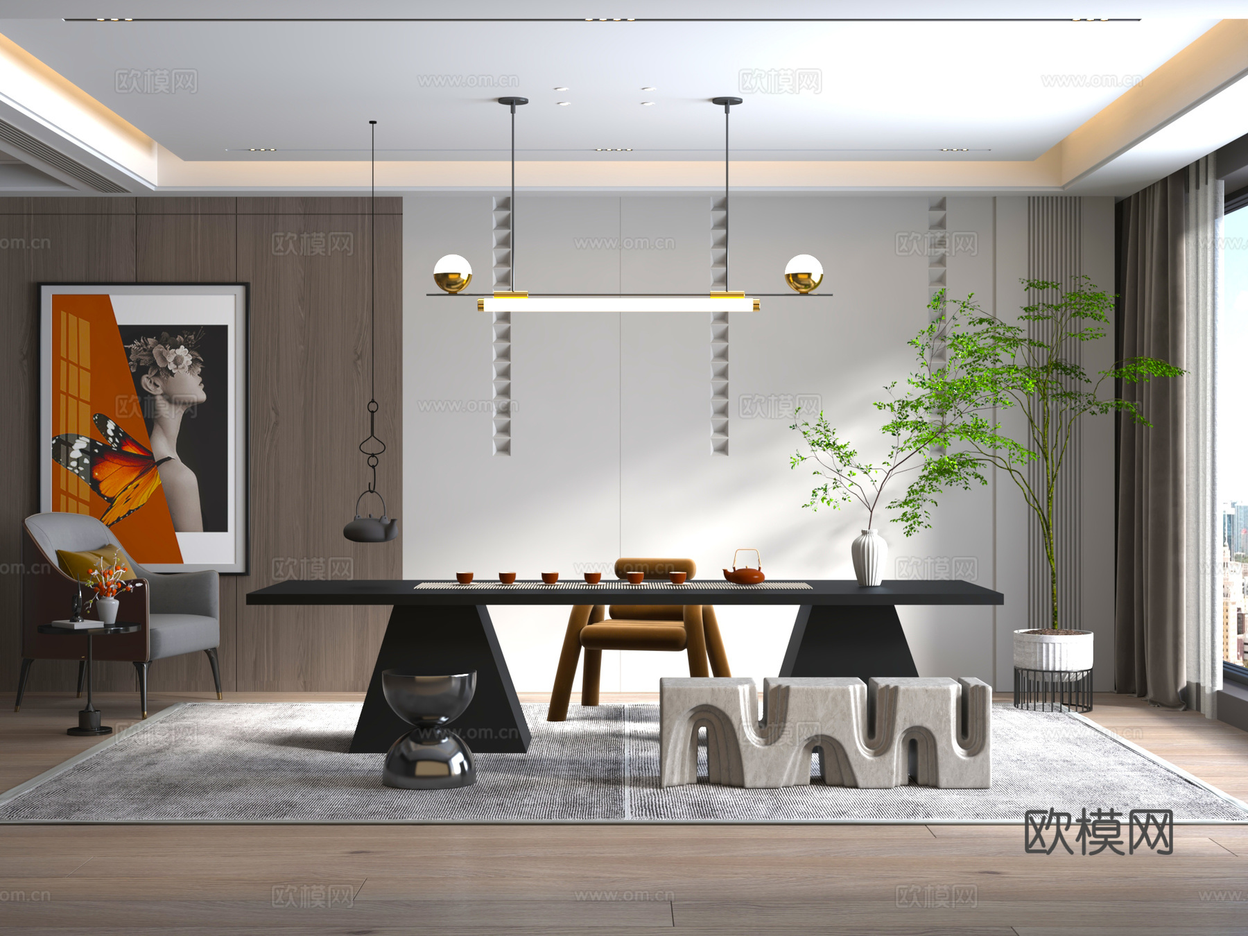 新中式桌椅 茶桌椅 洽谈桌椅 吊灯3d模型下载（渲染图1）