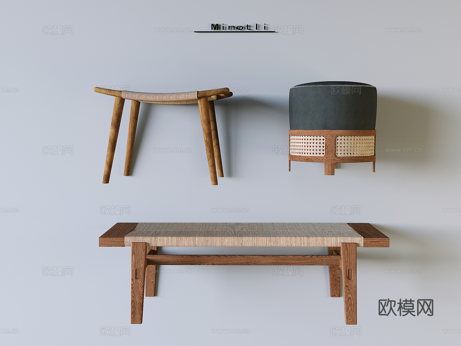 侘寂藤编实木凳 换鞋凳方凳圆凳3d模型下载