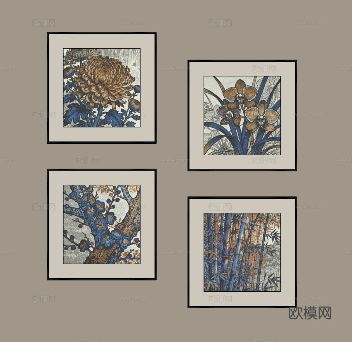 新中式植物挂画su模型