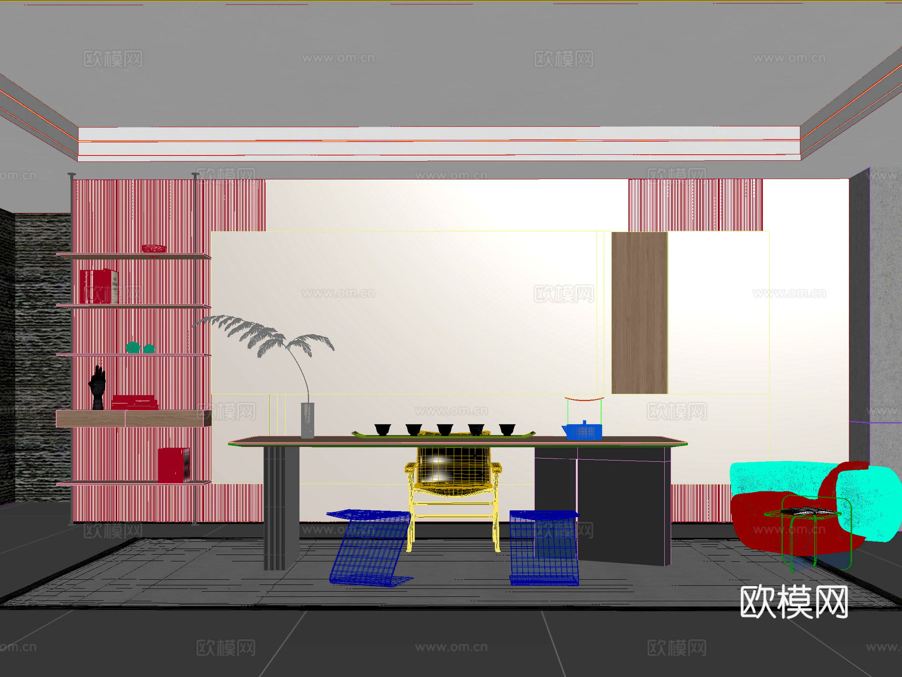 桌椅 茶桌椅 洽谈桌椅 博古架 吊灯3d模型下载（渲染图2）