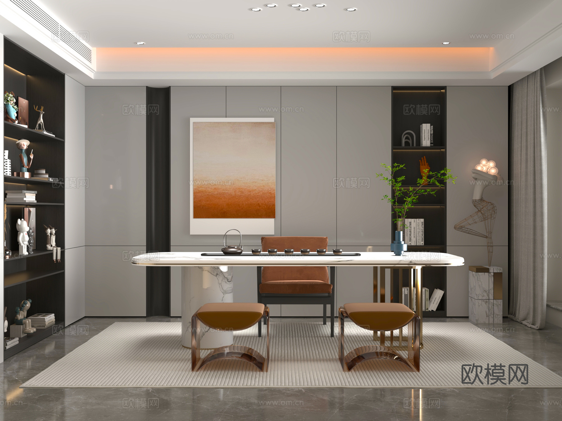 桌椅 茶桌椅 洽谈桌椅 博古架 吊灯3d模型下载（渲染图1）