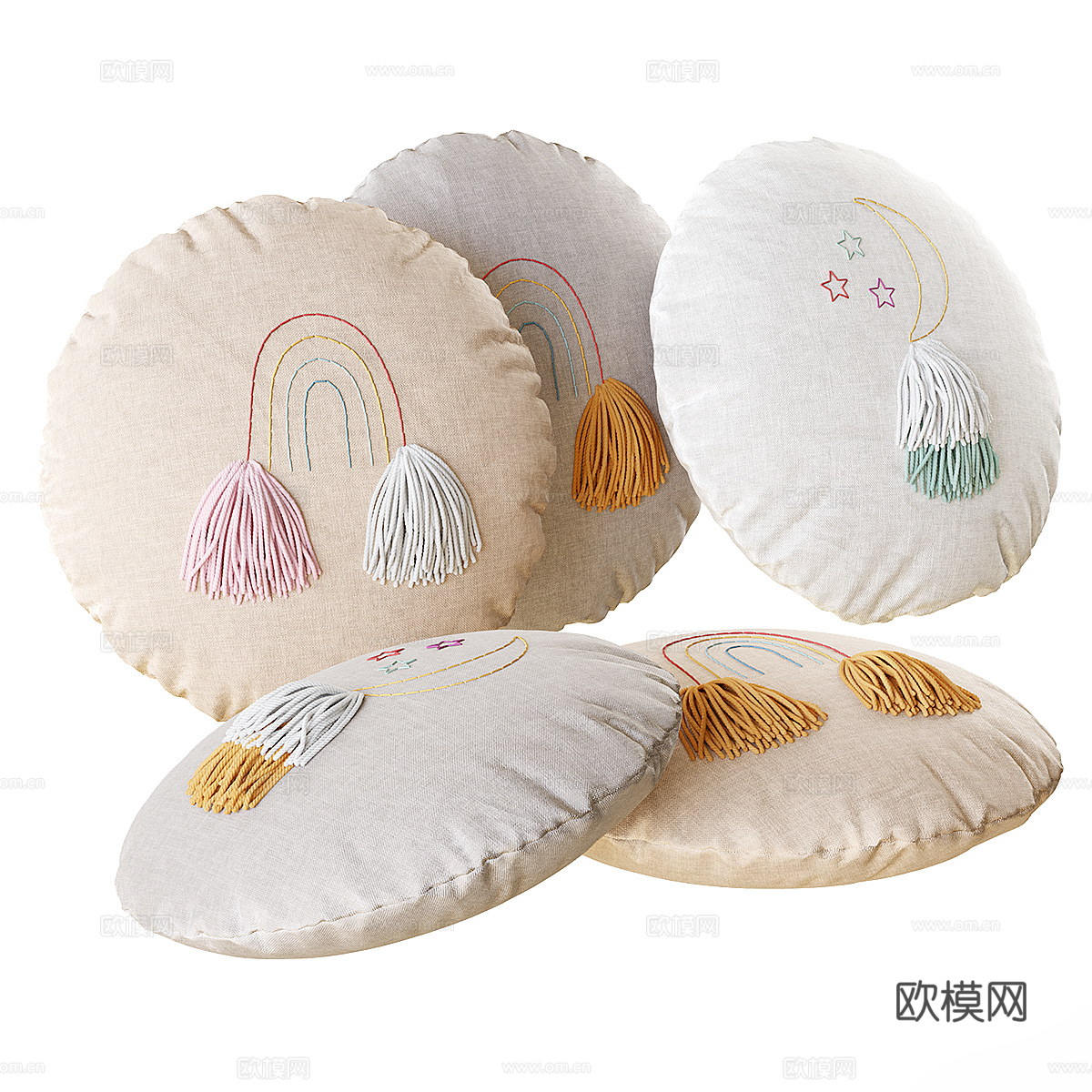 现代奶油风儿童圆形亚麻流苏抱枕3d模型下载（渲染图2）