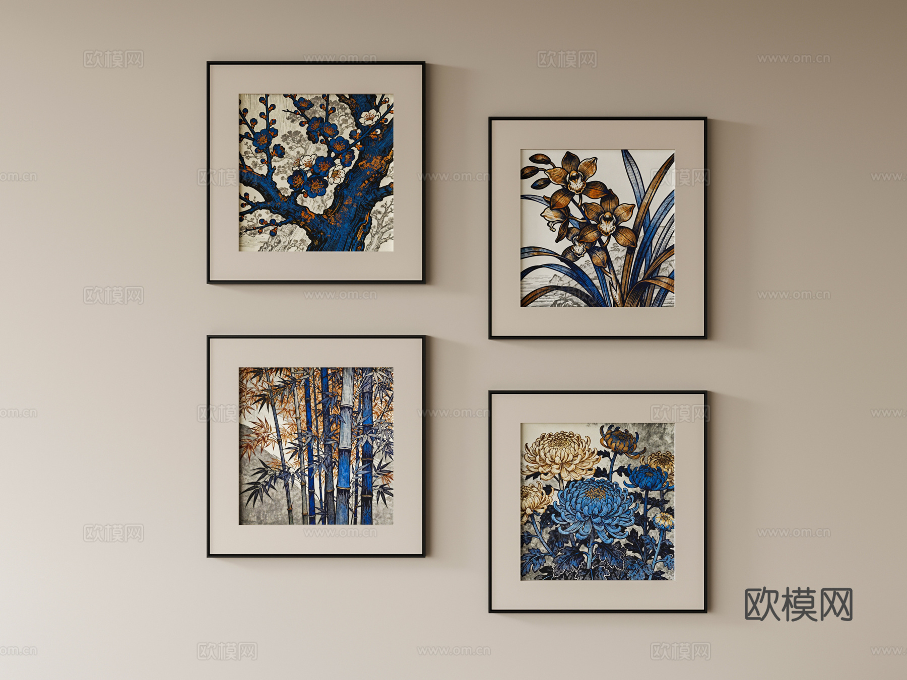 新中式植物挂画su模型