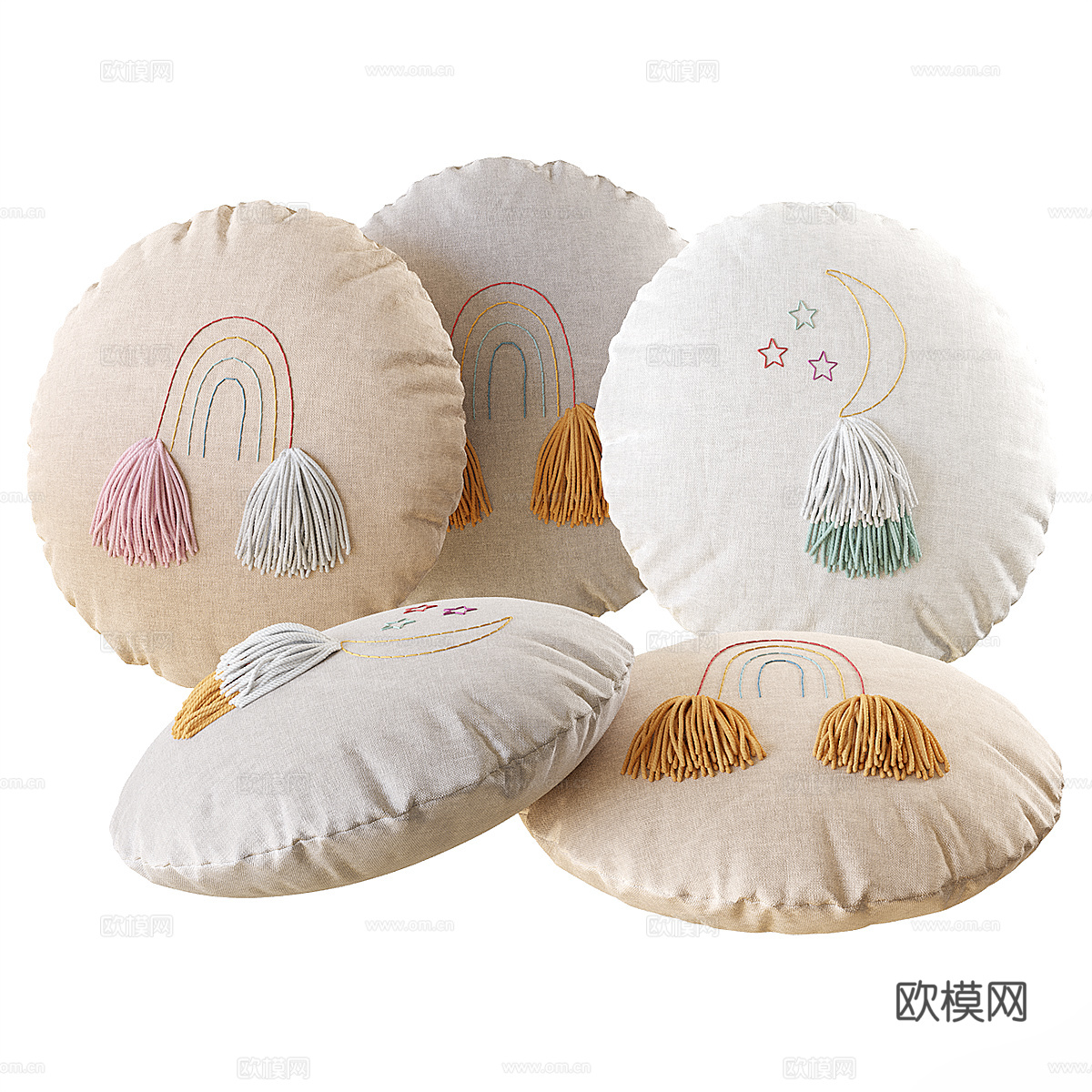 现代奶油风儿童圆形亚麻流苏抱枕3d模型下载（渲染图1）