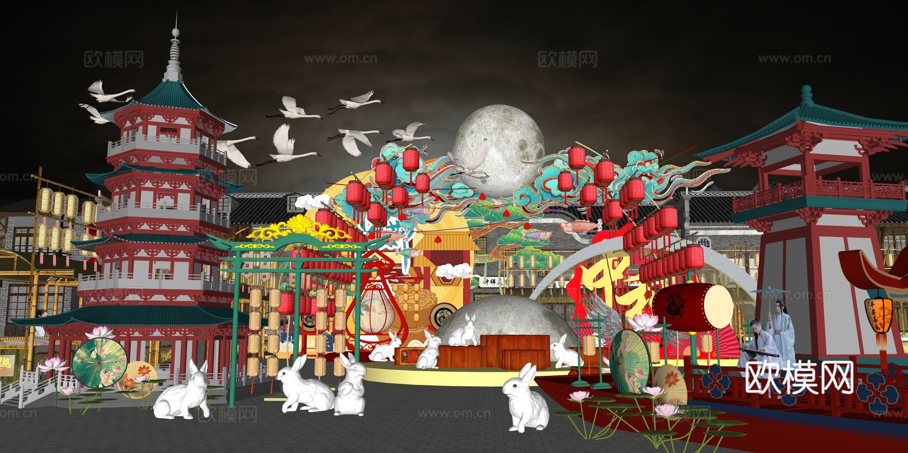 网红打卡国潮古风非遗文化中秋节su模型