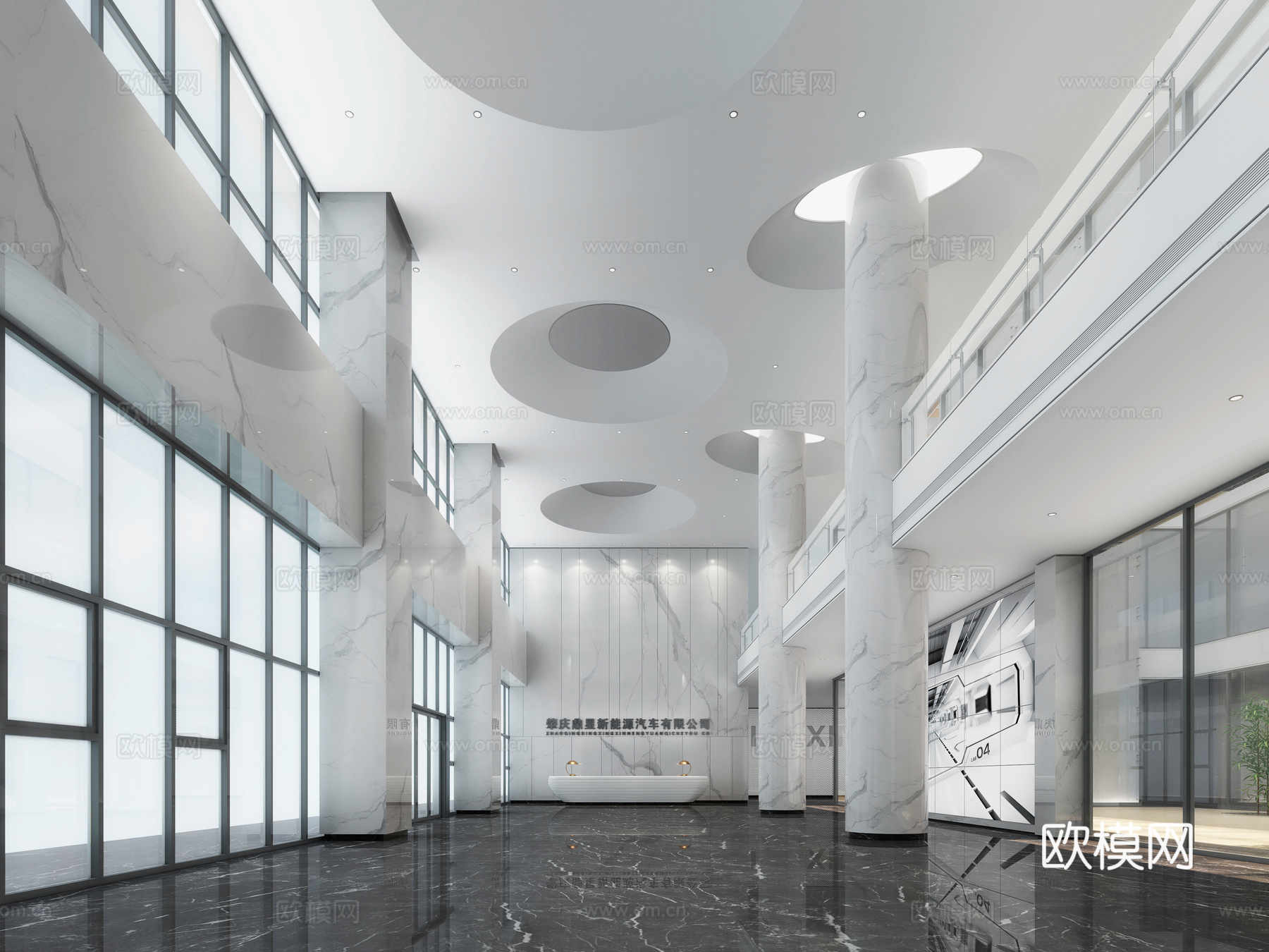 现代中庭 办公 观光电梯 竹子 金属球大厅 接待3d模型下载（渲染图2）