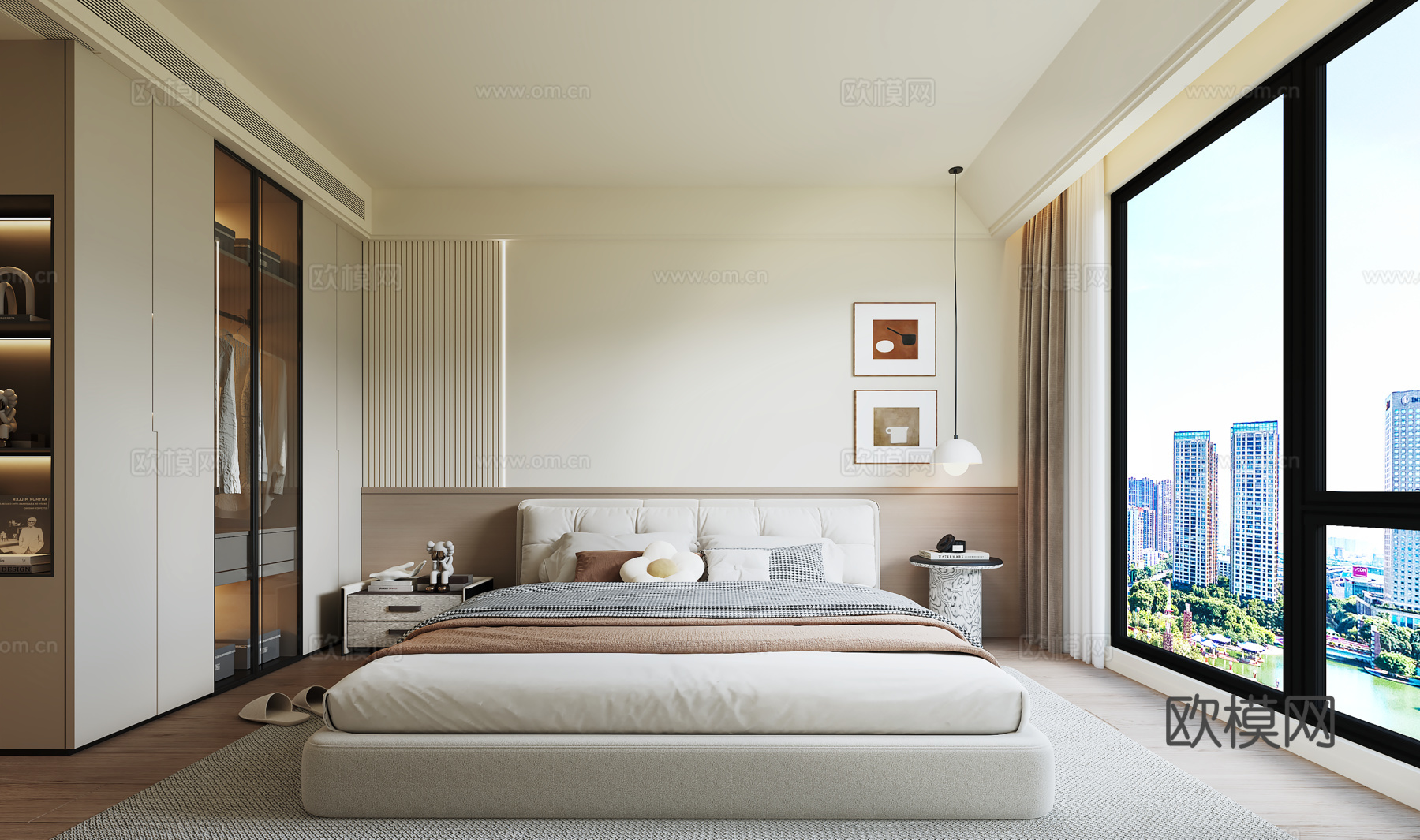 意式现代卧室 双人床 床头柜 衣柜3d模型下载