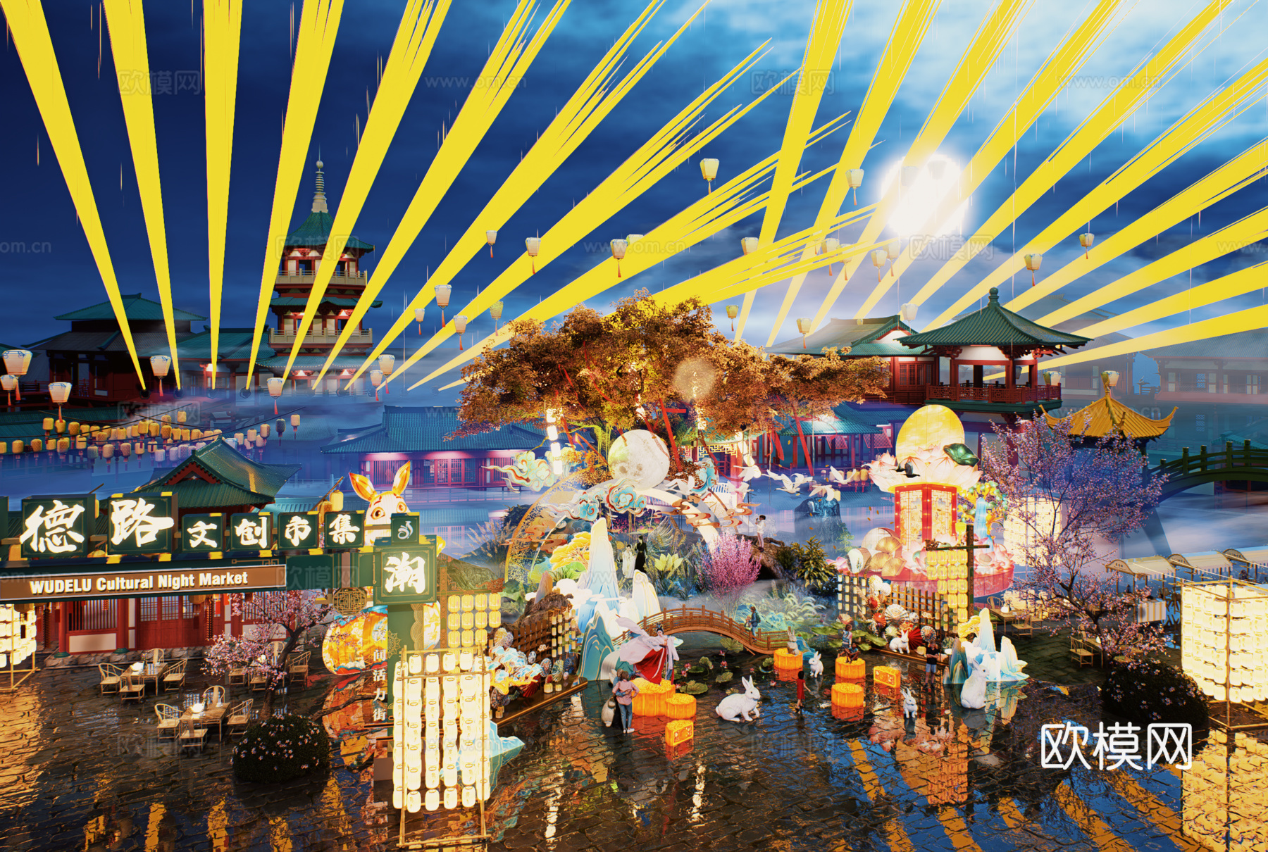 网红打卡国潮古风非遗文化中秋节su模型