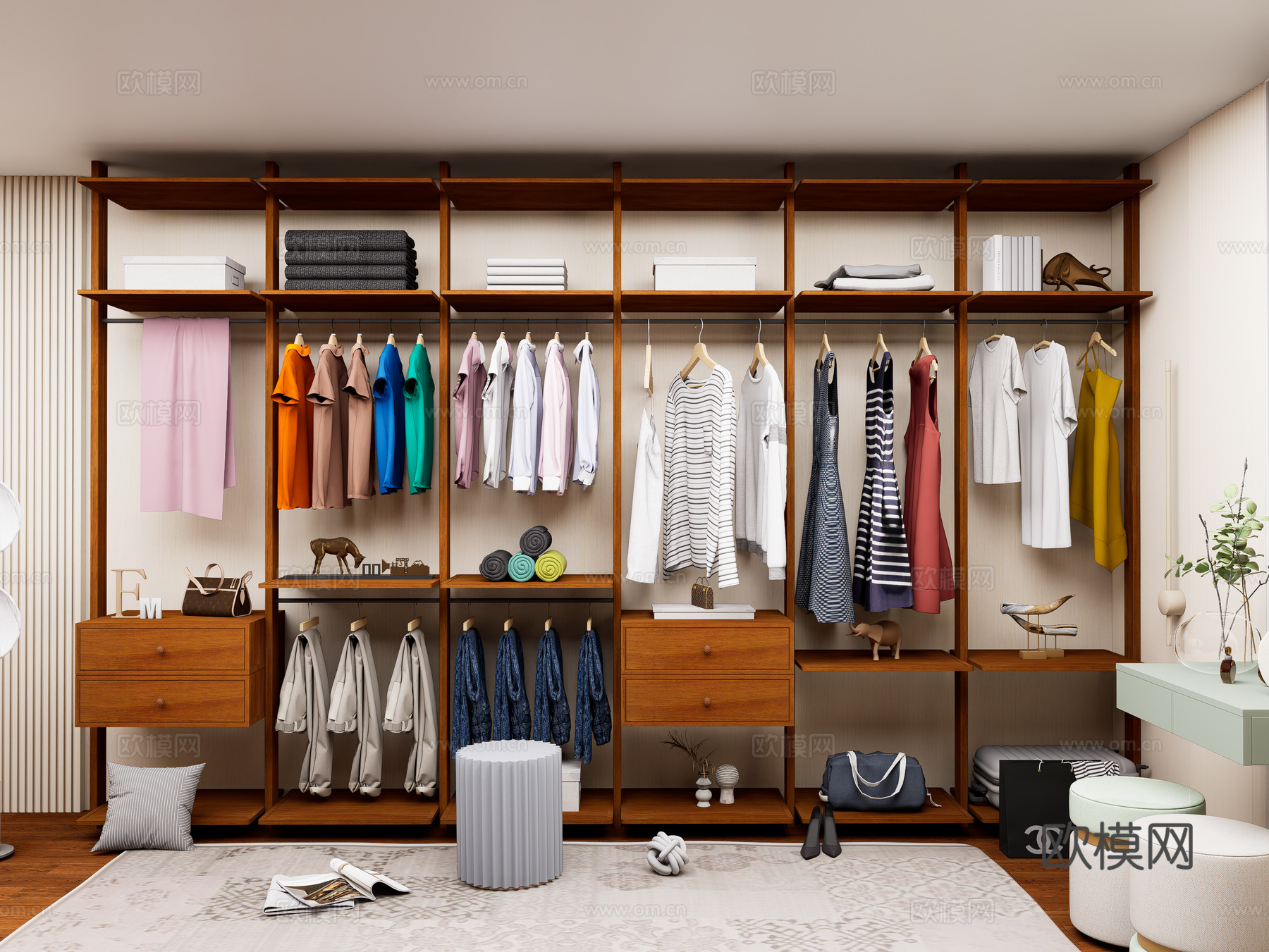 现代简约风格衣柜 原木开放式衣帽间 步入式衣帽间su模型