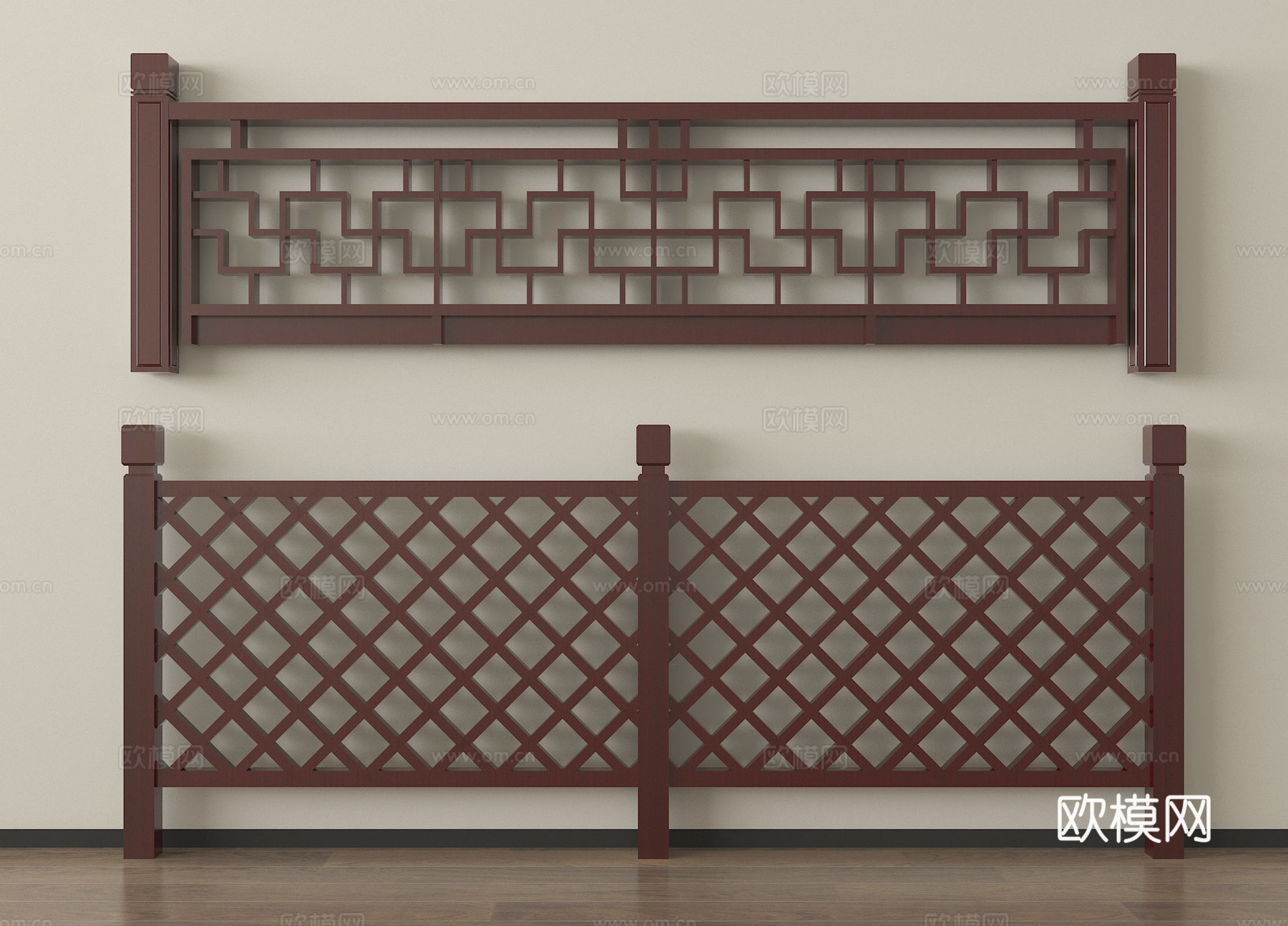 新中式实木栏杆 花格雕花护栏围栏su模型