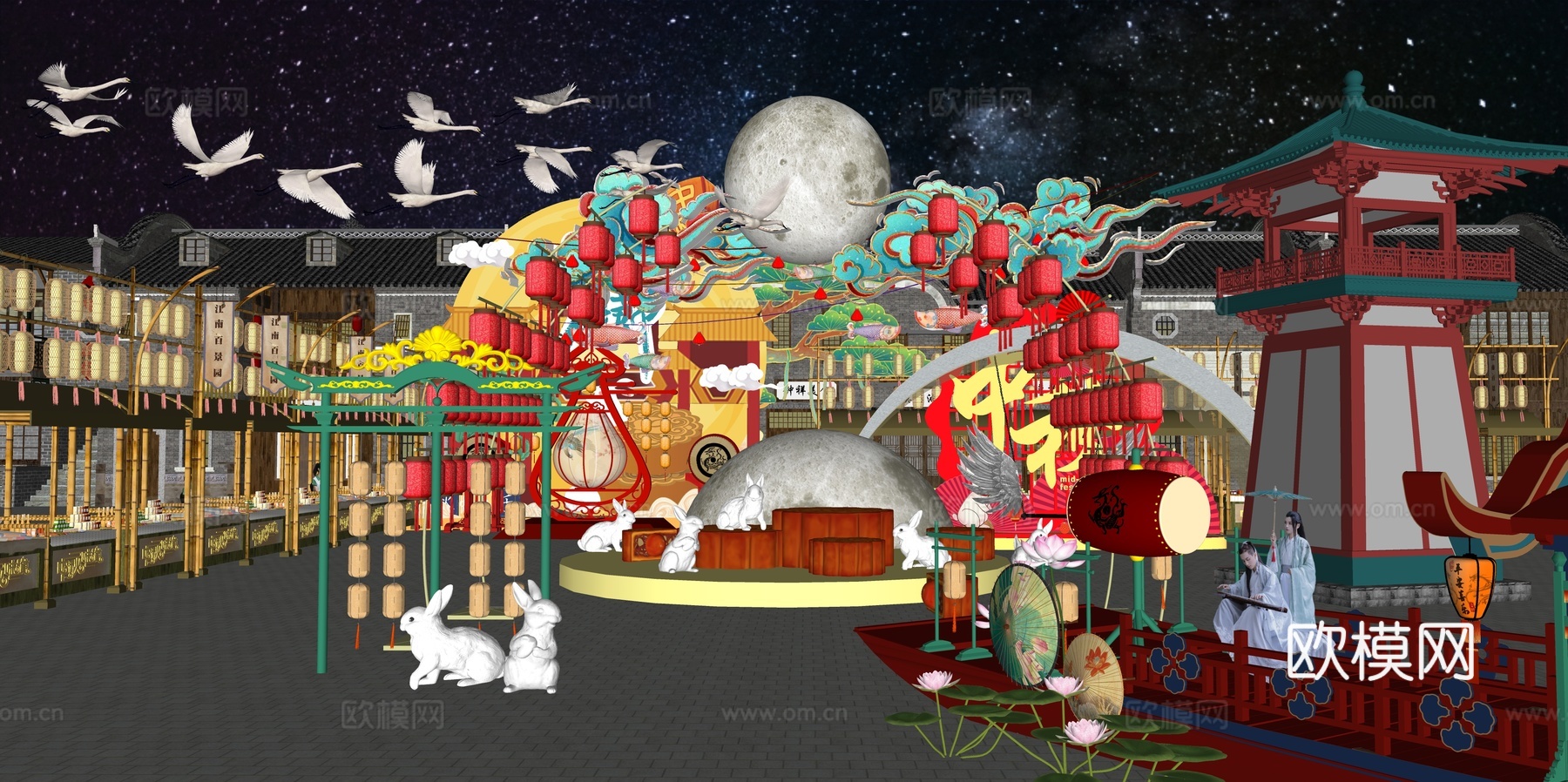 网红打卡国潮古风非遗文化中秋节su模型下载（渲染图2）