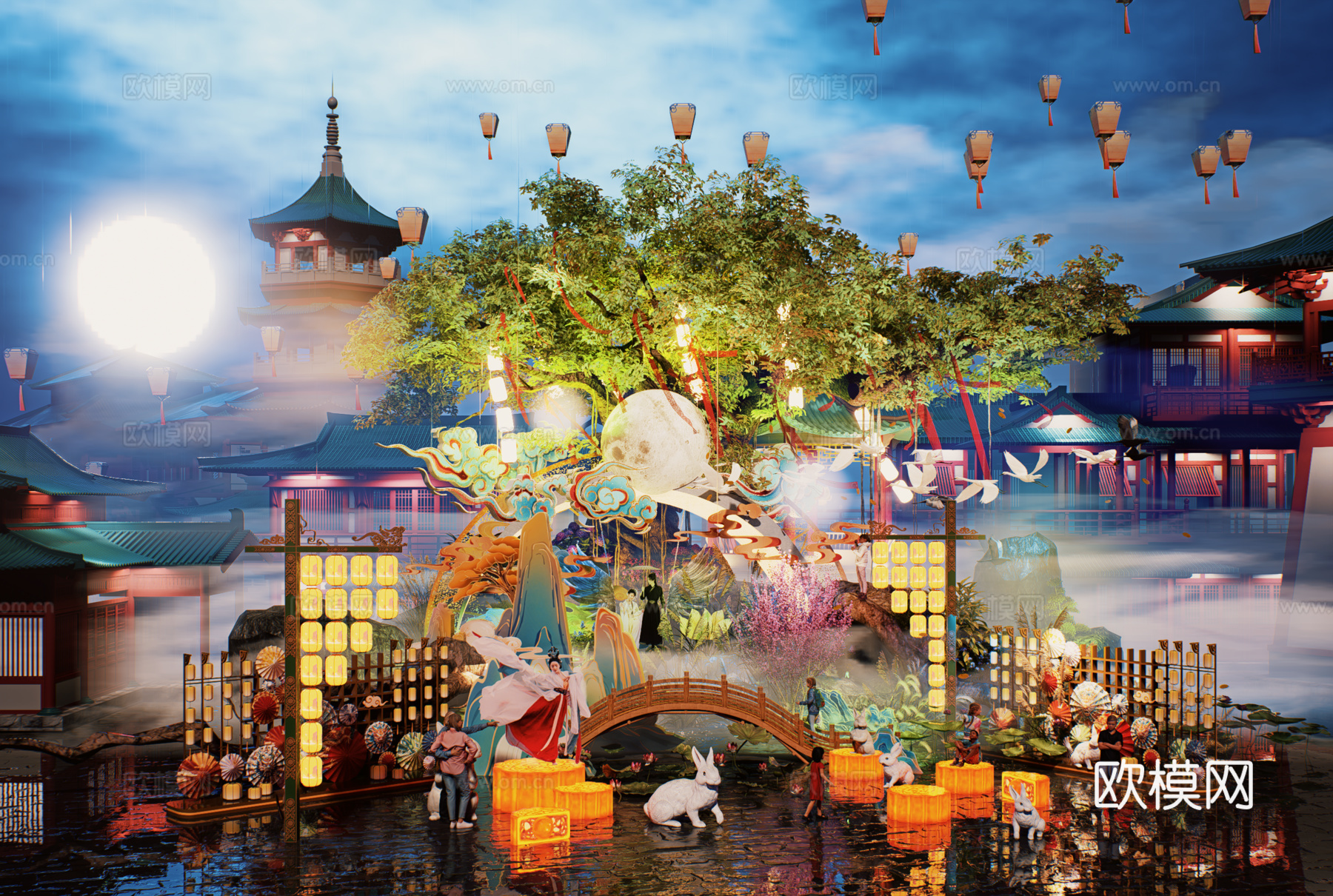 网红打卡国潮古风非遗文化中秋节su模型