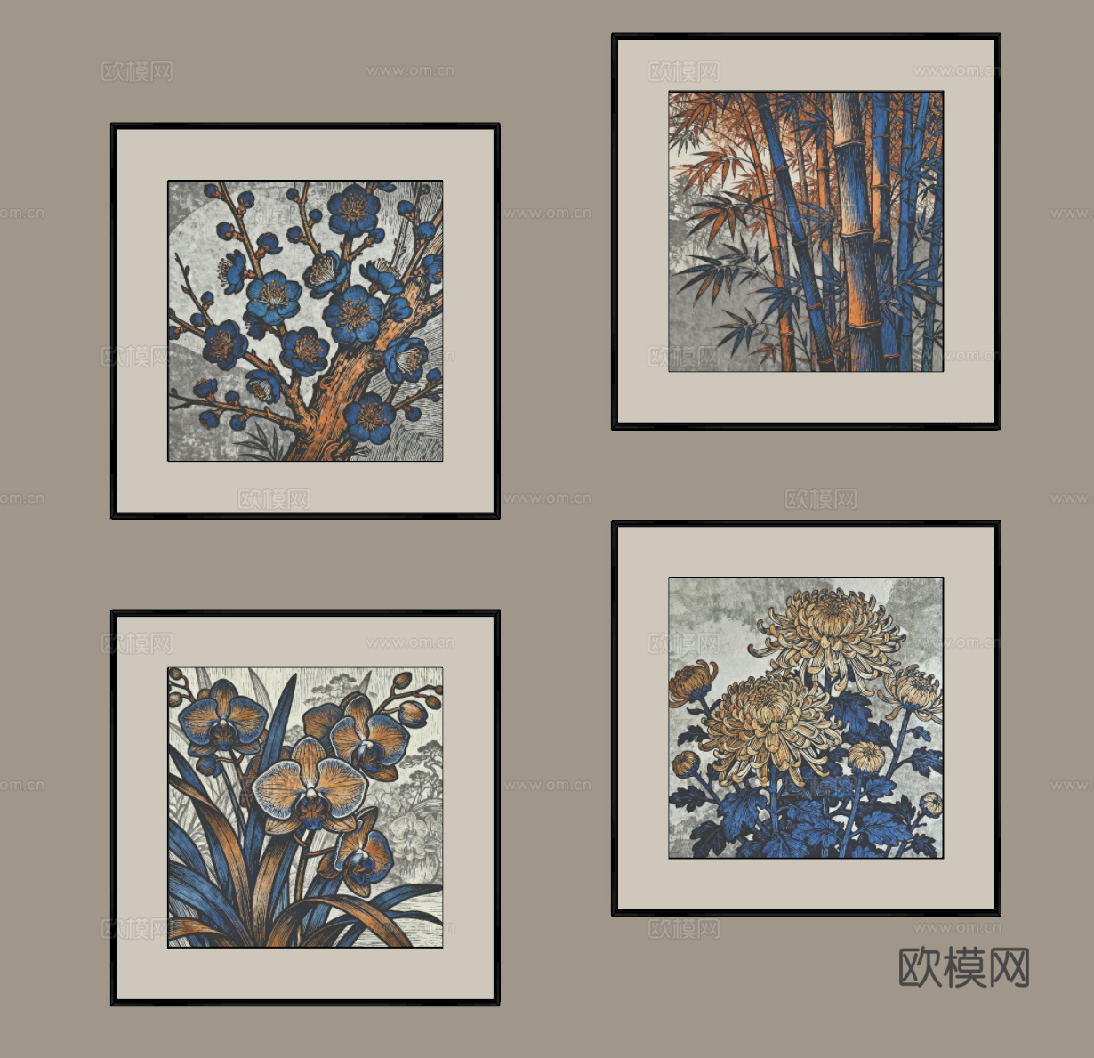 新中式植物挂画组合画su模型