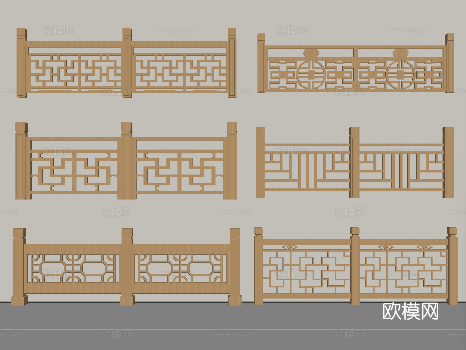 新中式栏杆 实木栏杆 中式护栏 实木护栏su模型