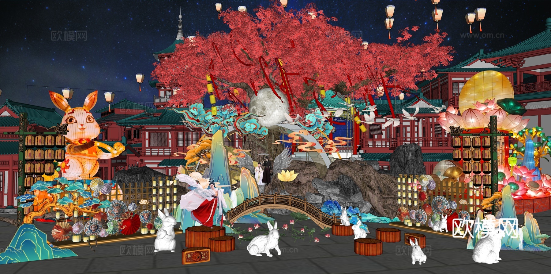 网红打卡国潮古风非遗文化中秋节su模型