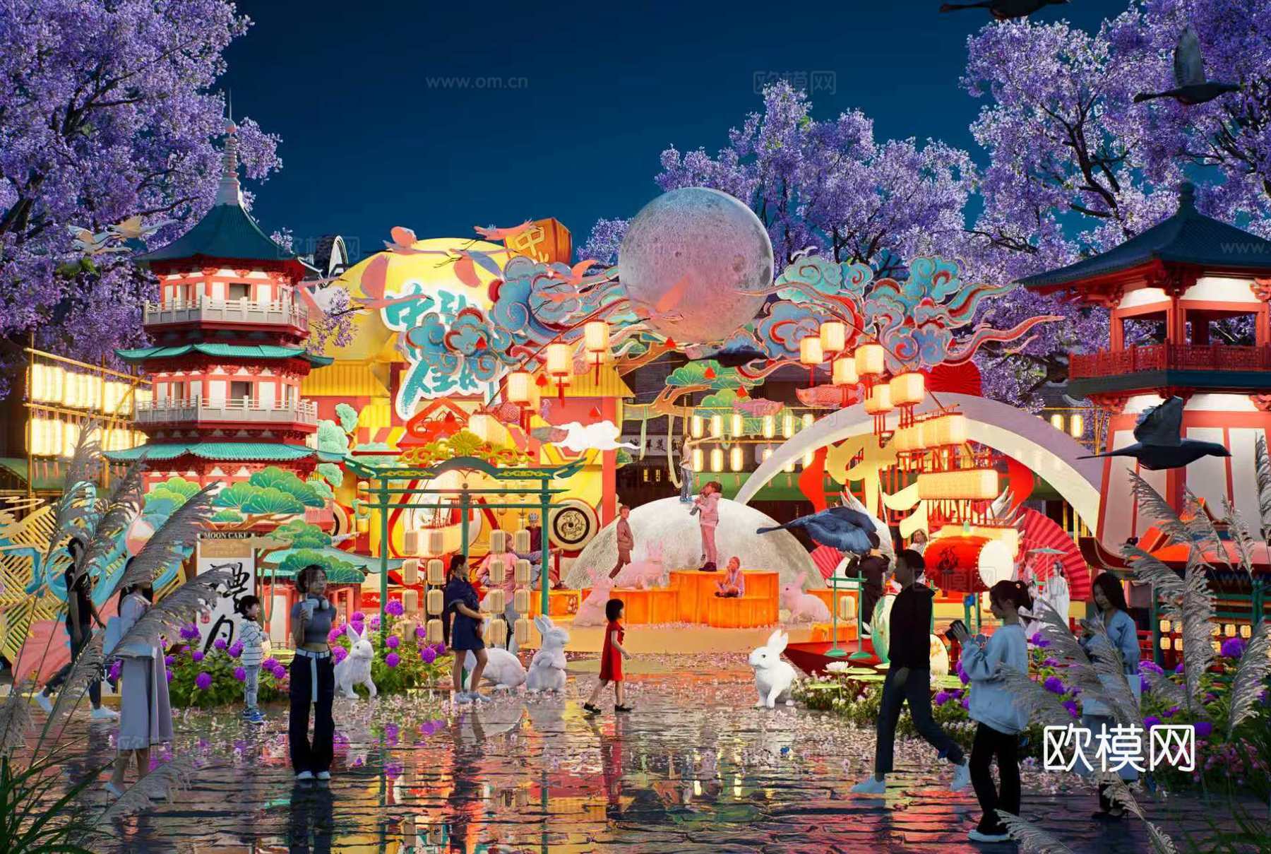 网红打卡国潮古风非遗文化中秋节su模型下载（渲染图1）