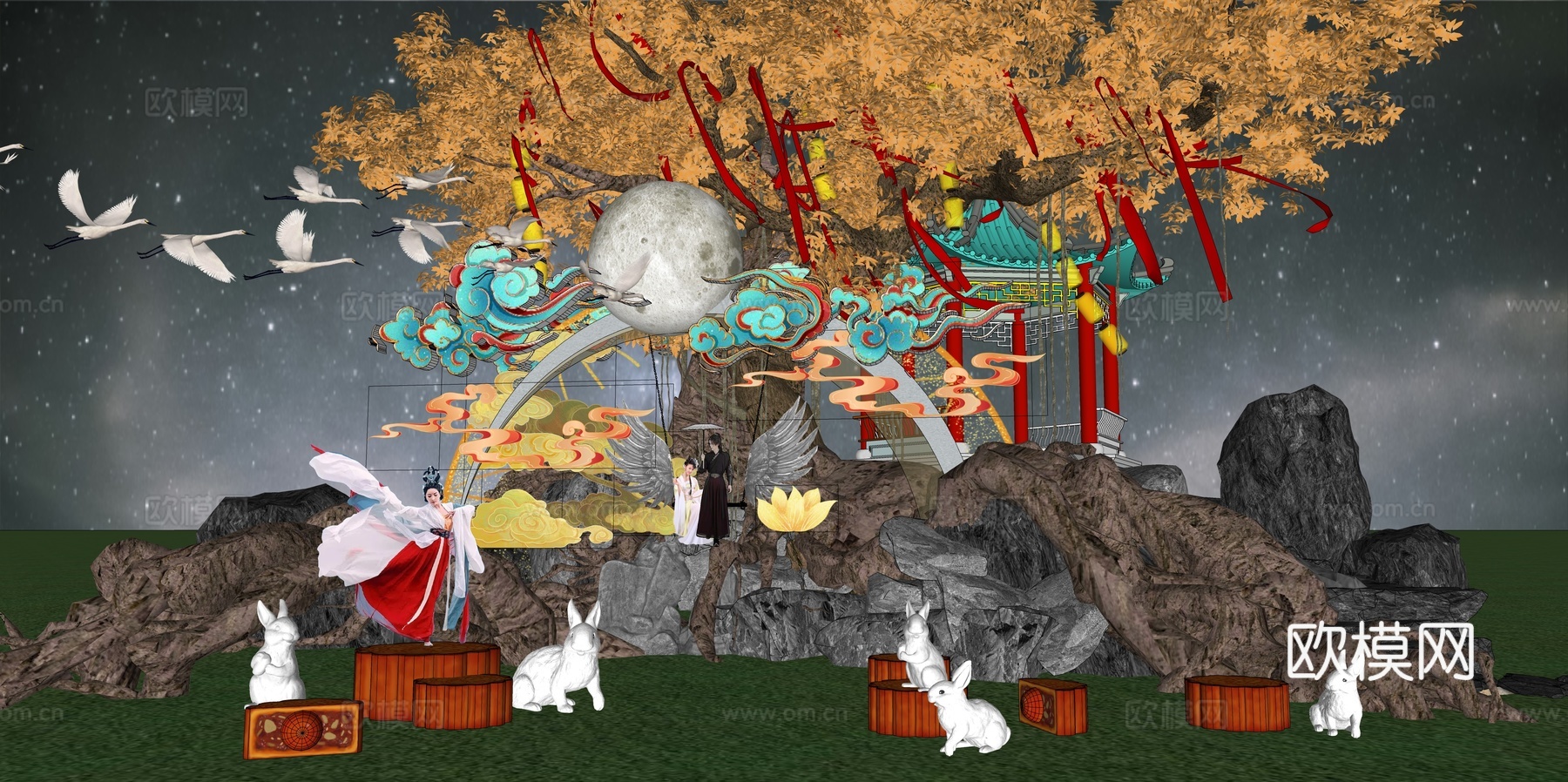 网红打卡国潮古风非遗文化中秋节su模型