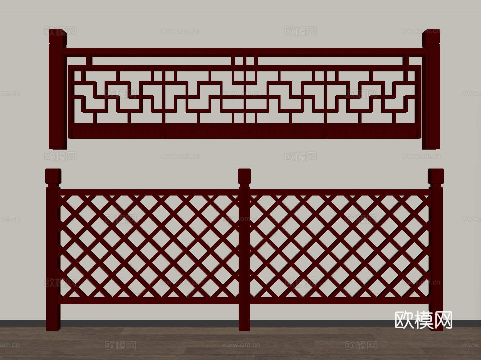 新中式实木栏杆 花格雕花护栏围栏su模型