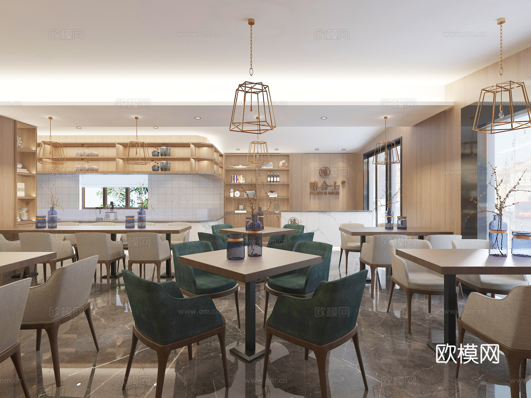 现代餐厅 餐桌椅形象墙 柜子 吊灯 书架3d模型下载（渲染图2）