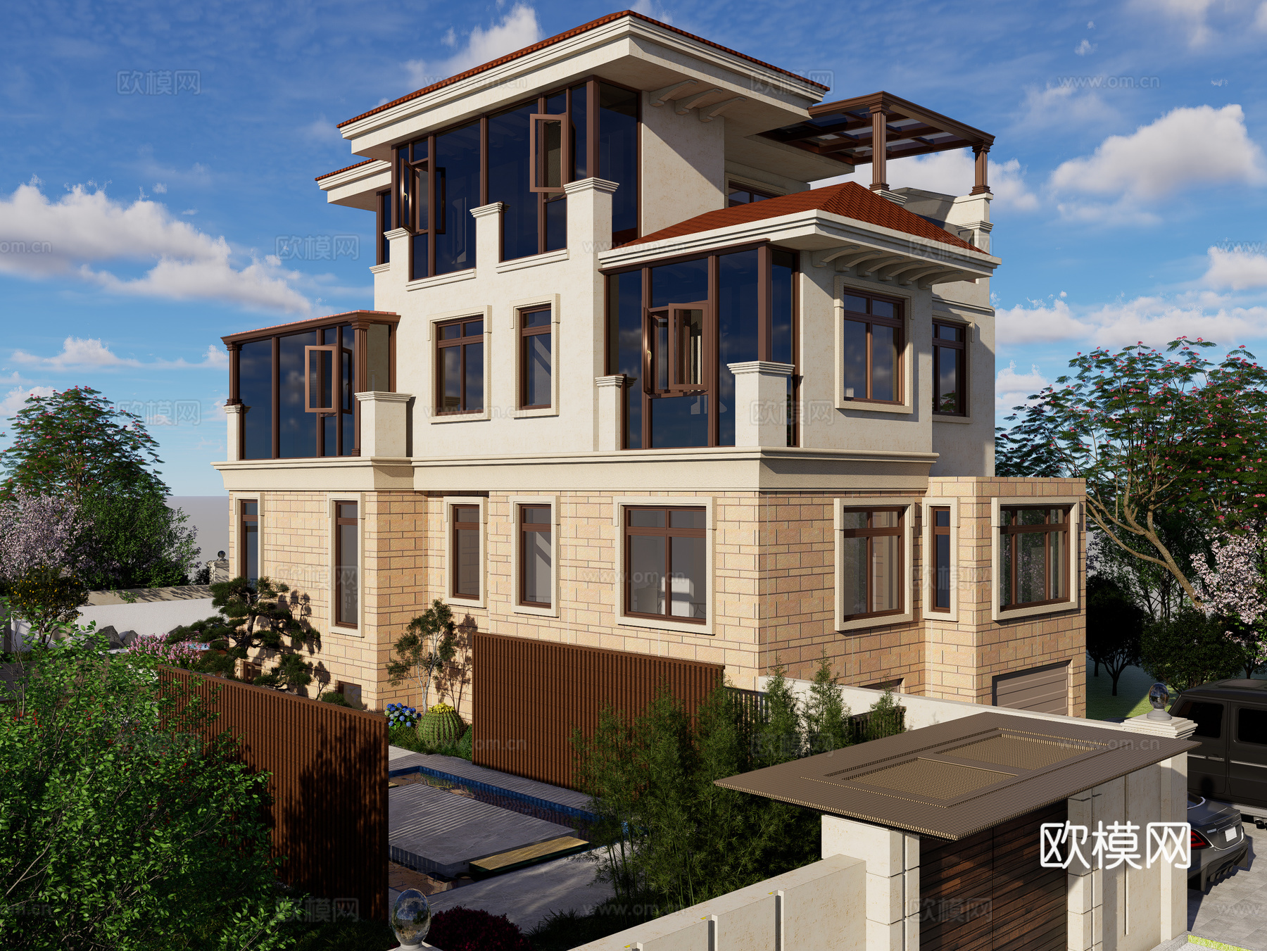 现代独栋别墅外观 三层独栋别墅 现代自建别墅 庭院景观别墅su模型