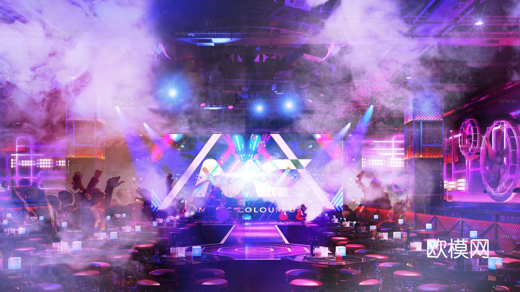 工业风格酒吧厅设计舞台吧椅3d模型下载（渲染图1）