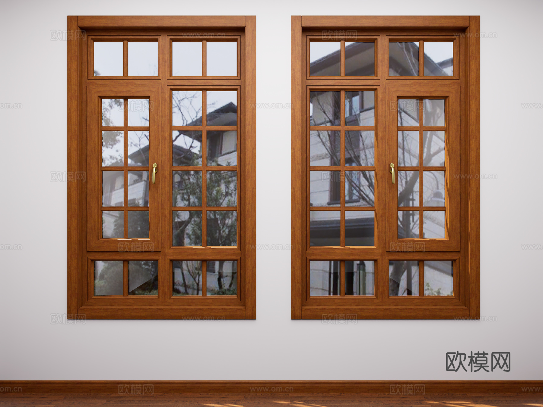 现代平开窗组合 实木格条窗户 铝木平开窗 内开内倒窗 断桥铝3d模型下载（渲染图1）