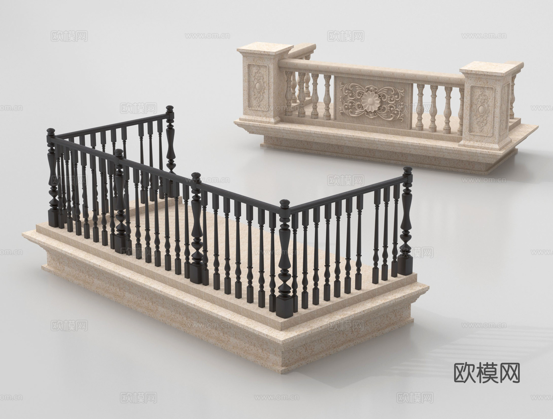 欧式宝瓶柱栏杆 铁艺栏杆 围栏 阳台护栏su模型